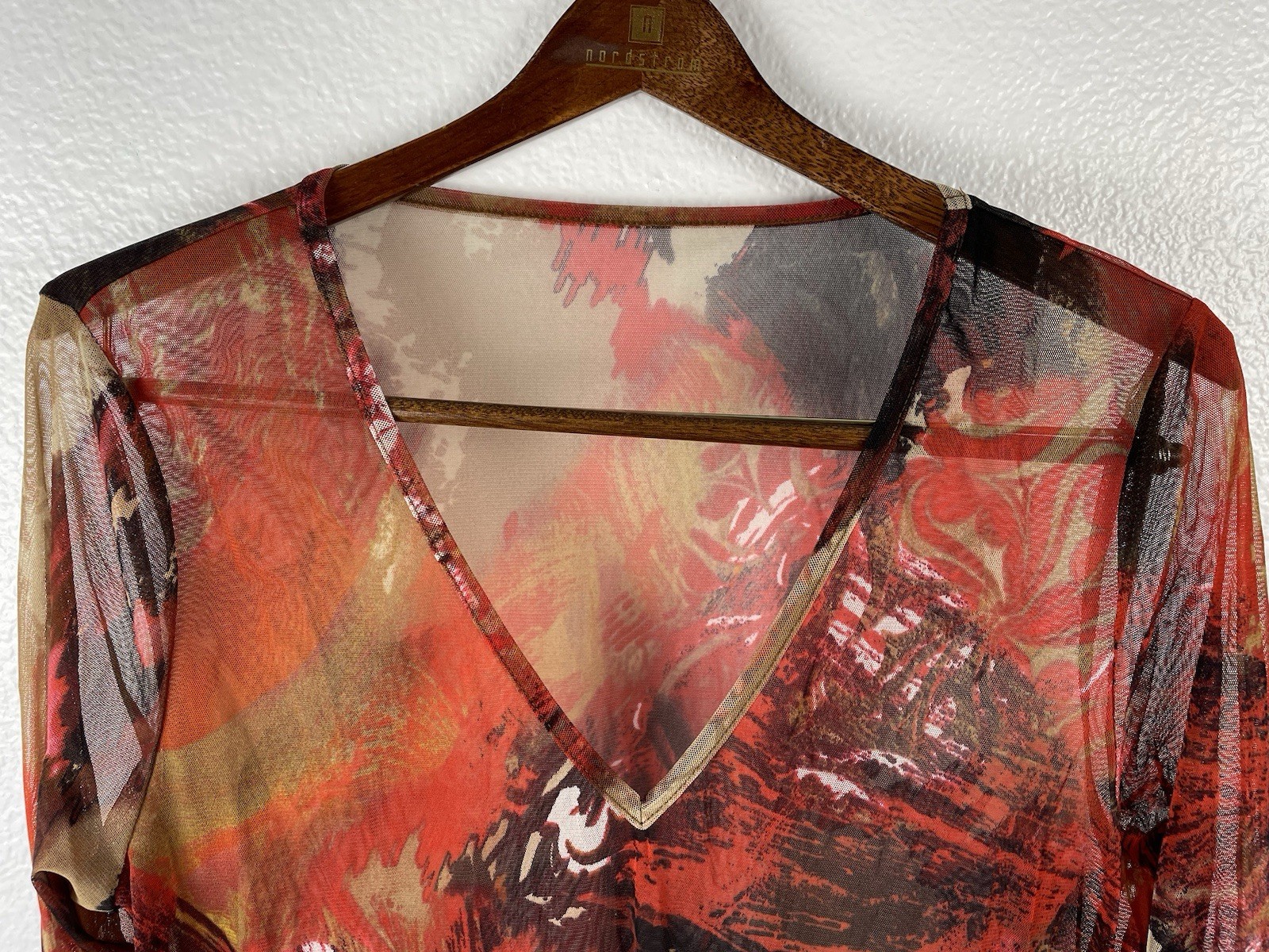 Women’s Tunic Top Nylon Mesh Red & Black Artsy Roll Tab Sleeves Pockets V-Neck
