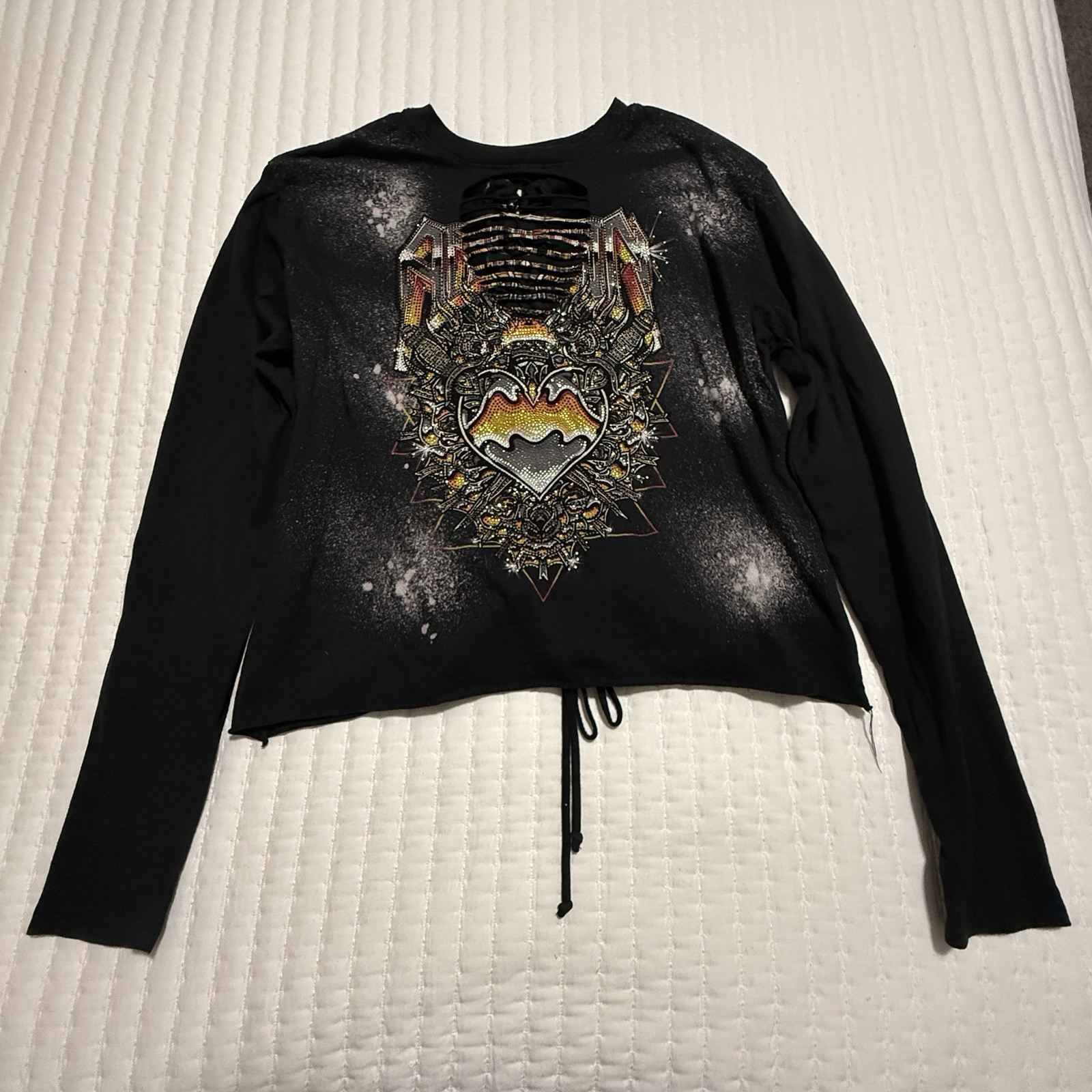 Affliction Black Bleach Wash Rhinestone Chromium Heart T-Shirt Sz L Large