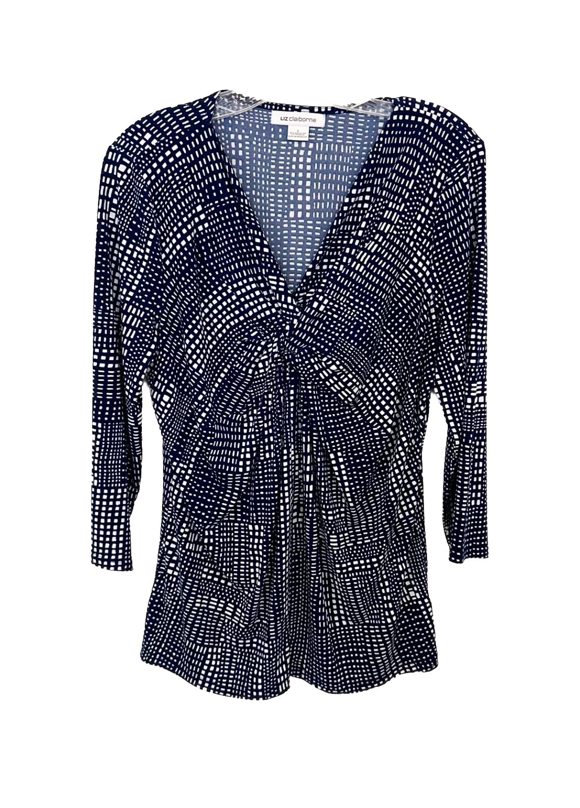 Women Navy Blue V Neck Twist Front 3/4 Sleeve Top Size L Pullover Stretch Office