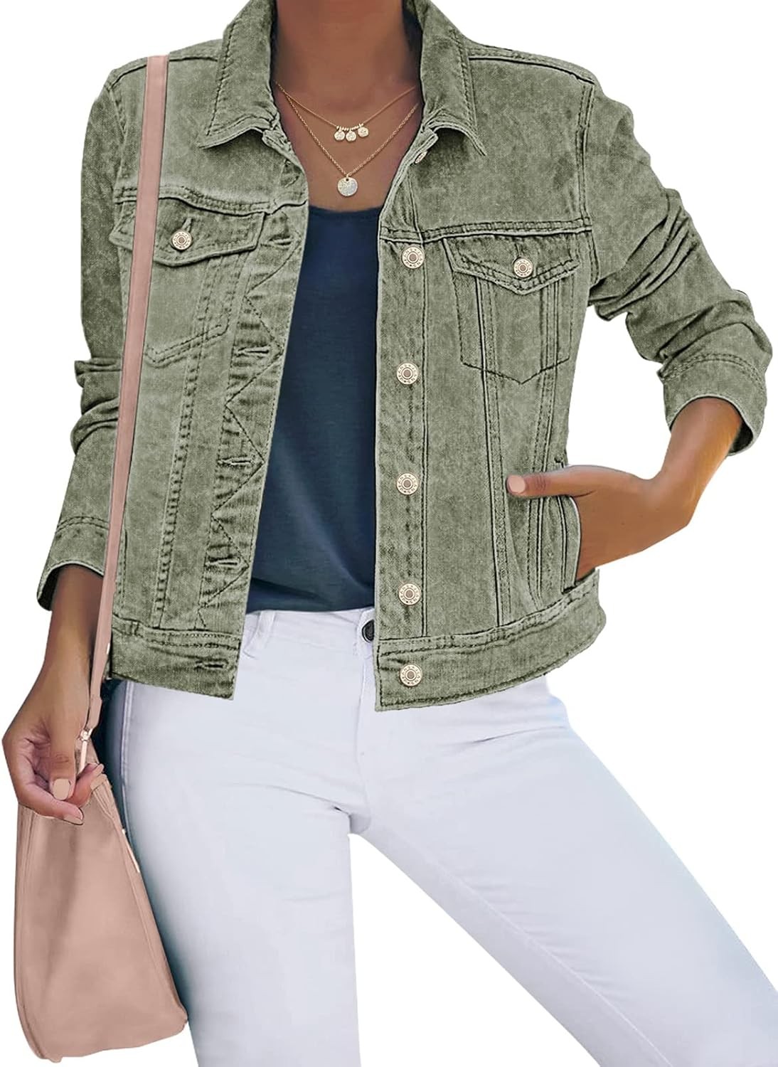 Women Basic Button Down Stretch Fitted Long Sleeves Denim Jean Jac