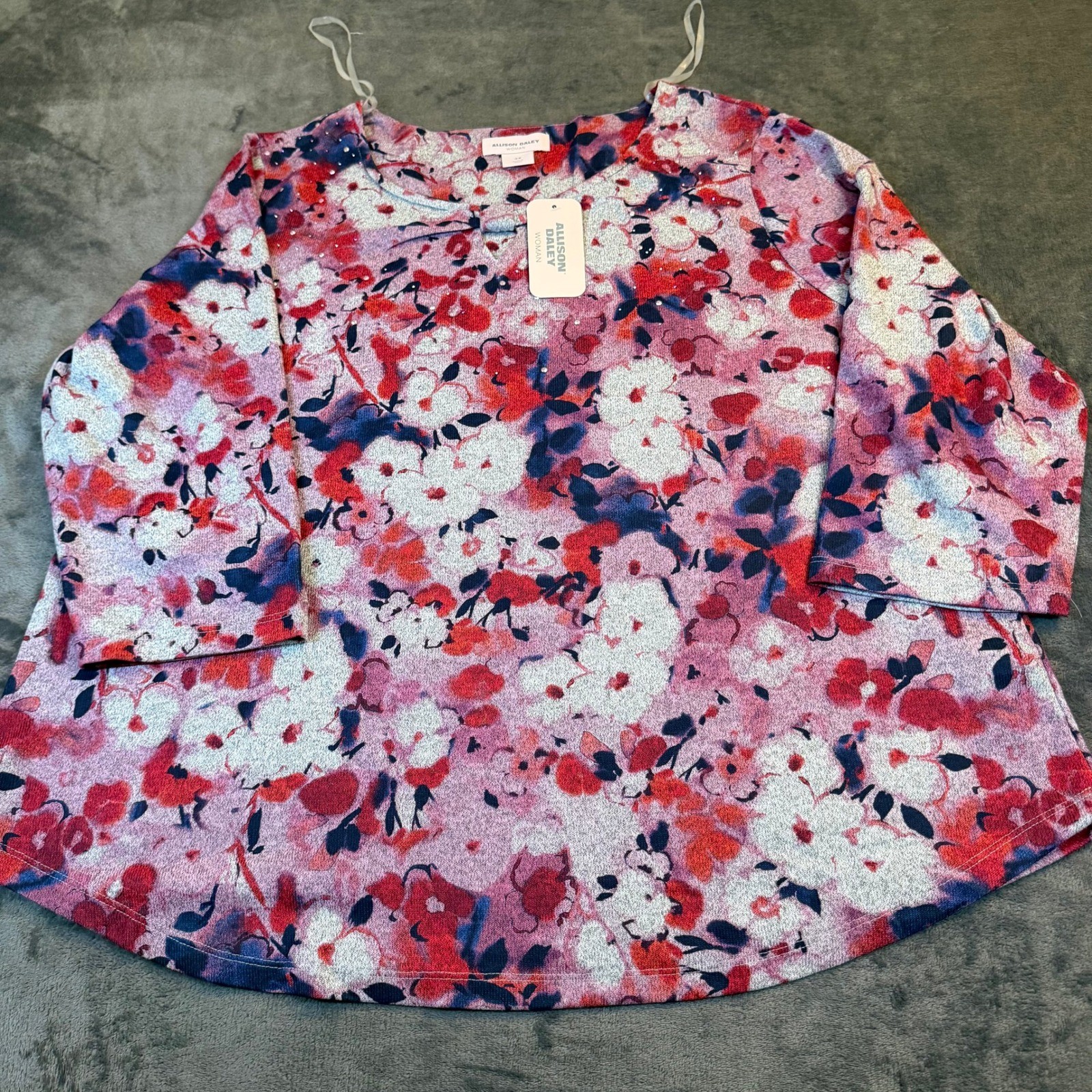 Allison Daley Woman Blouse Womens 3X Large Pink Floral Rhinestone Tunic NWT