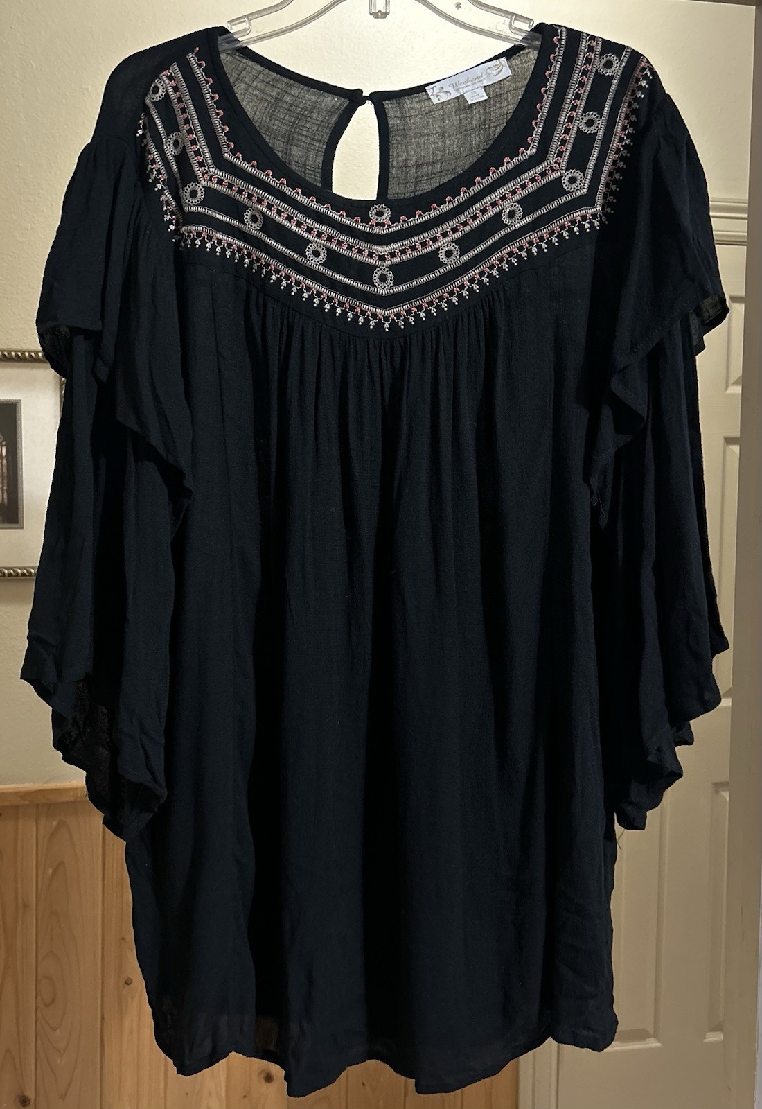 Suzanne Betro Weekend Blouse Size 1X Black Embroidered Bohemian Peasant Flowy