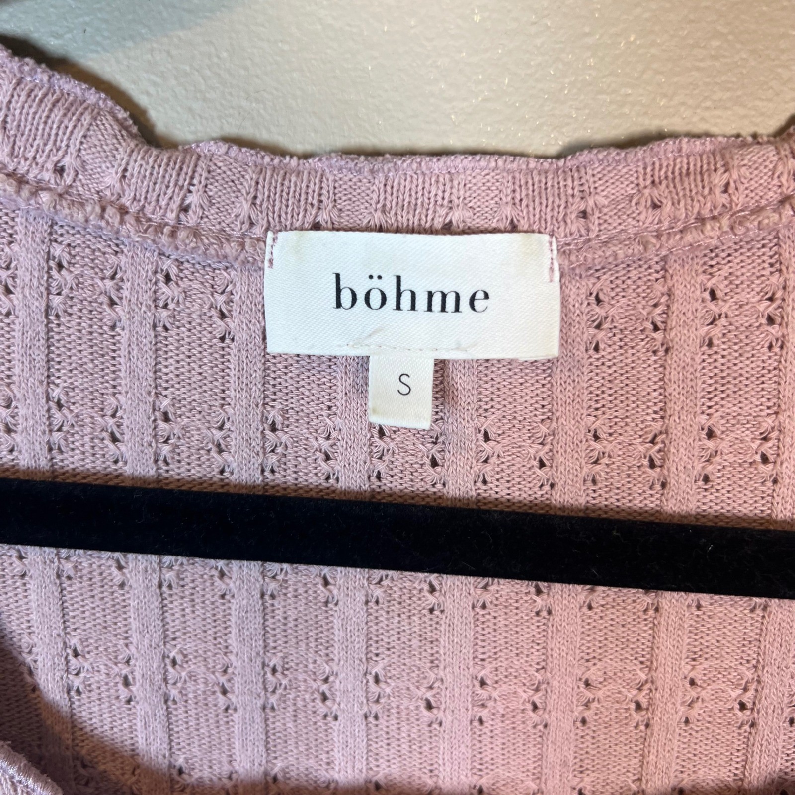 Bohme Women Pink Ribbed Pointelle Knit Square Neck Lettuce Edge Crop Top Small