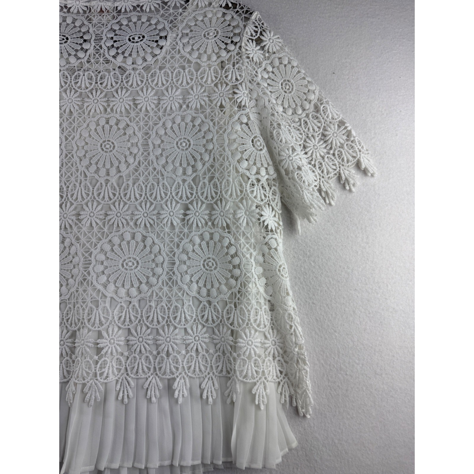 Chico Floral Crochet Lace Pleated Chiffon Short Sleeve Top White Boho Romantic