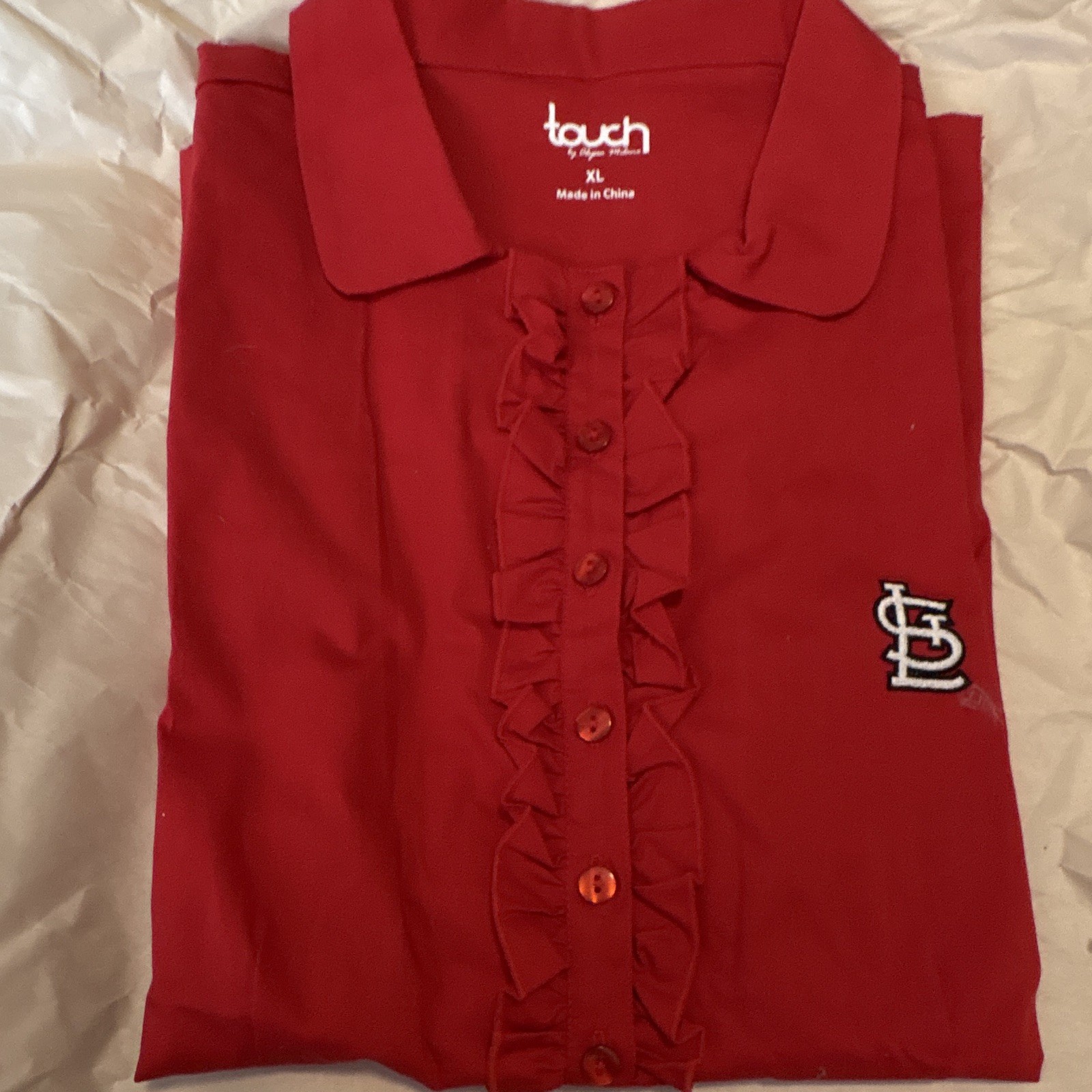 Touch Women’s XL Red Collared Ruffle Button-Down Blouse St. Louis Cardinals MLB