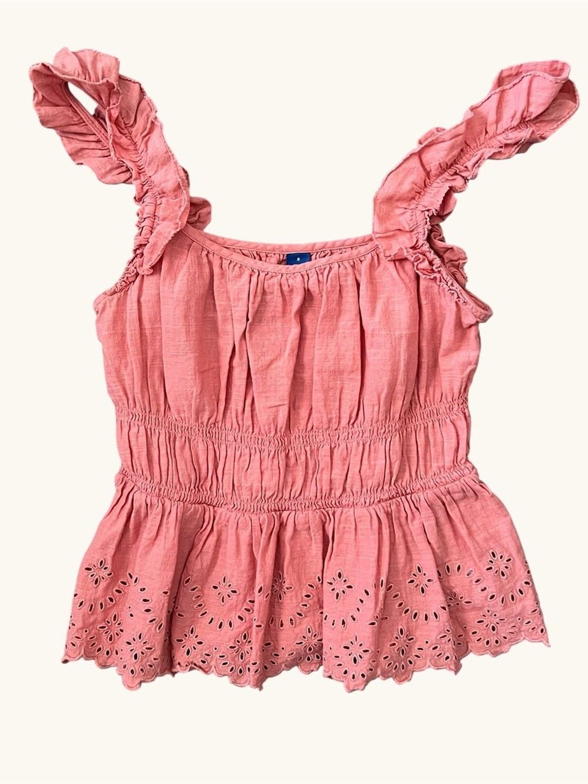 Old Navy Coral Pink Ruffled Eyelet Smocked Peplum Tank