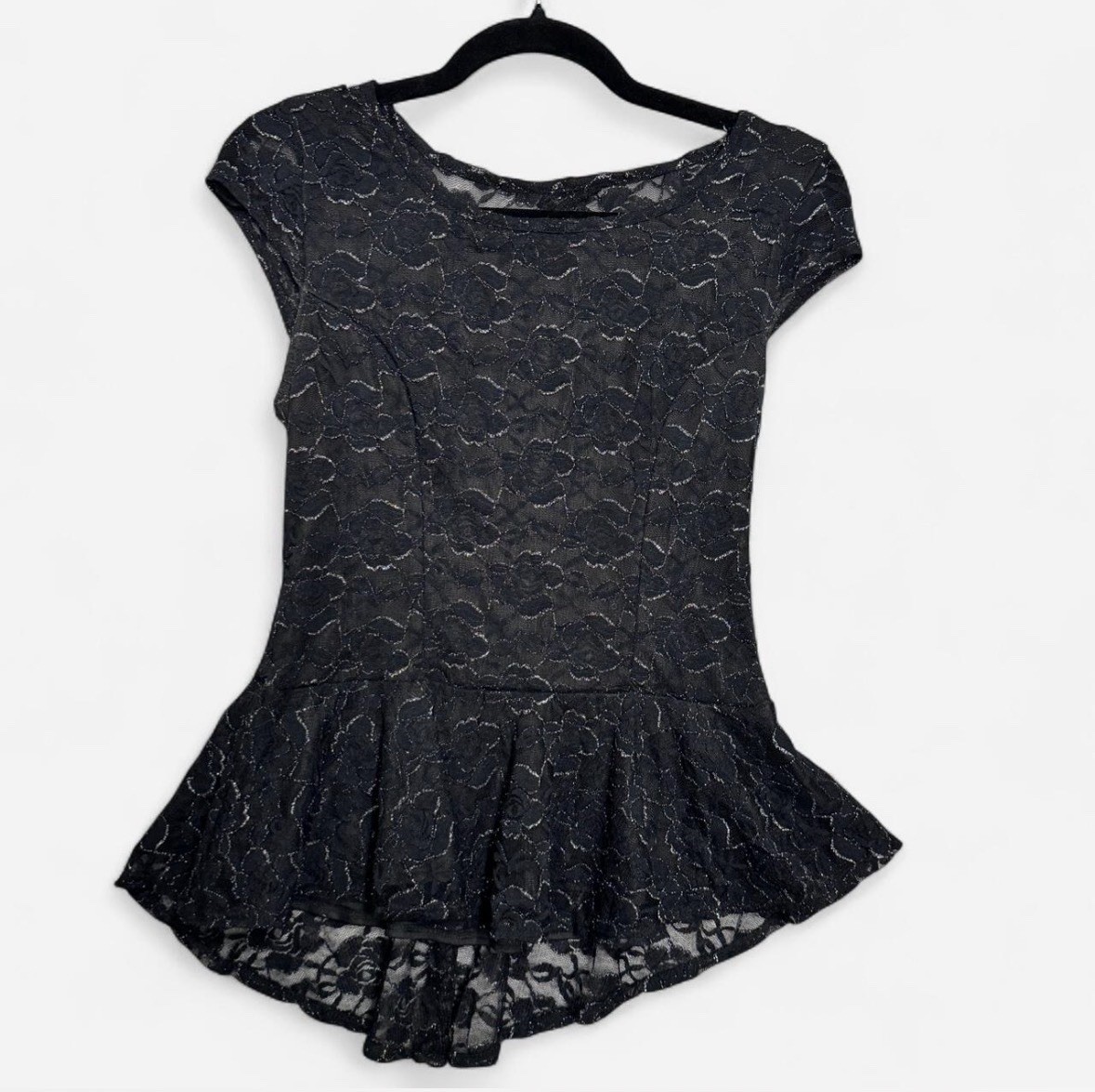 BCX Y2K Lace Peplum Top Goth Whimsigoth Open Back Stretch Evening Black Sz M