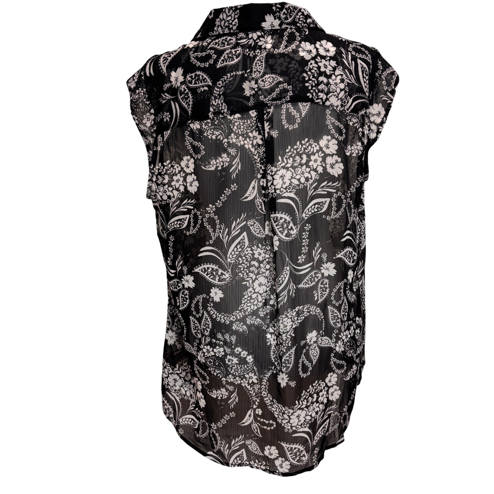 Roz & Ali Blouse Black White Floral Paisley Sheer Chiffon Button Up Career Large
