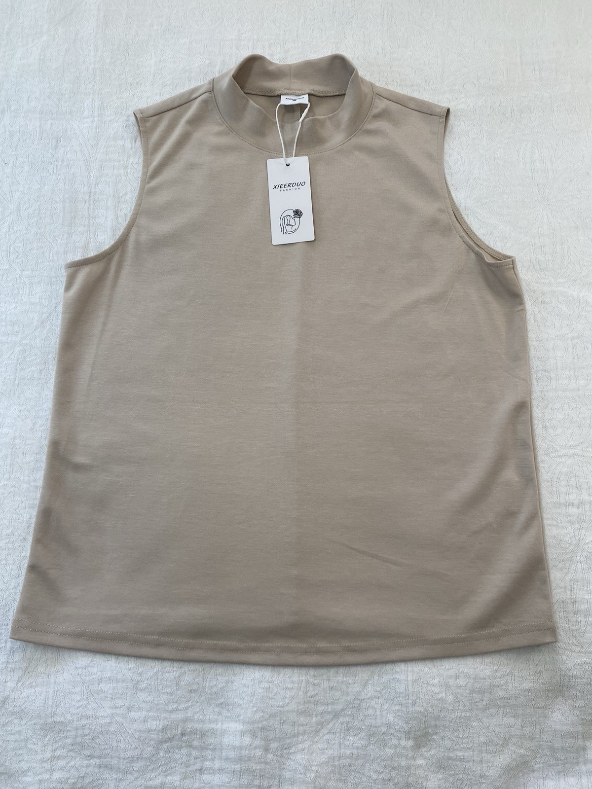 XIEERDUO Women Tank Top Size M Beige Sleeveless High Neck Basic NWT