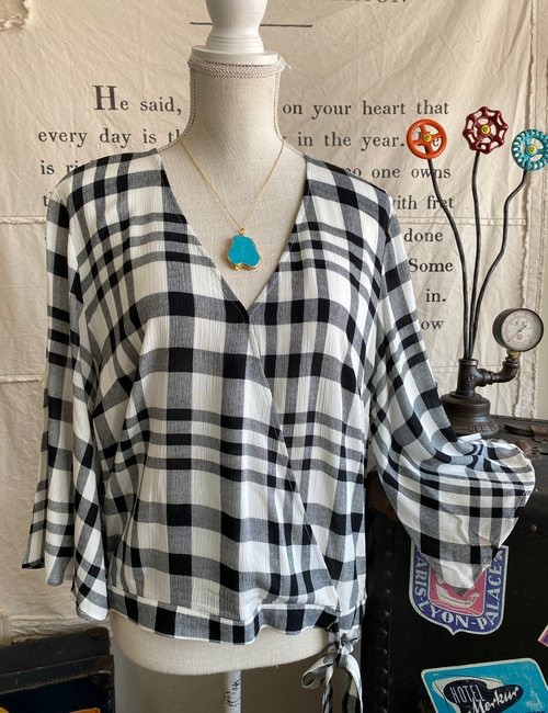 Du Jour Black Picnic Plaid Flutter Sleeve Wrap Top New