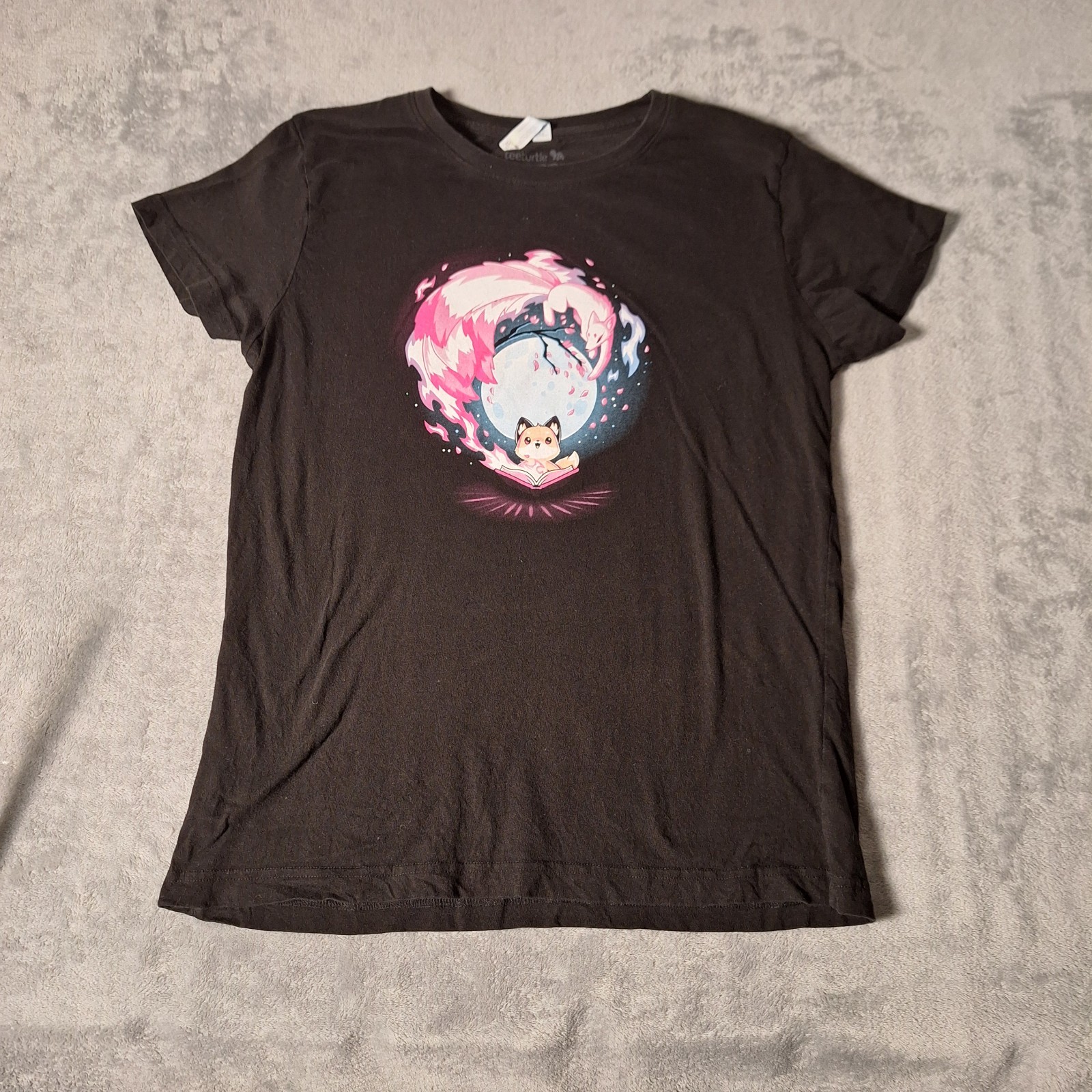 Anime Manga T-Shirt Cat Fox Pink Fire Yin Yang Style Black Tee Women’s Size 2XL
