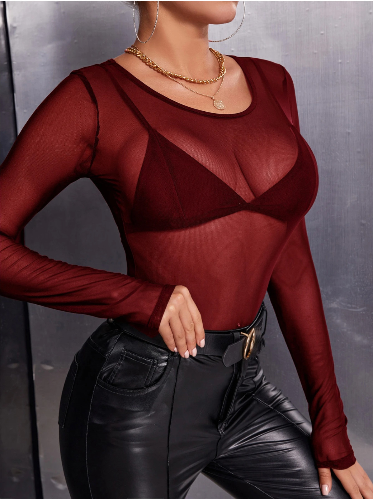 Burgundy SXY Sheer Mesh Top Without Bra Sz XS S M L