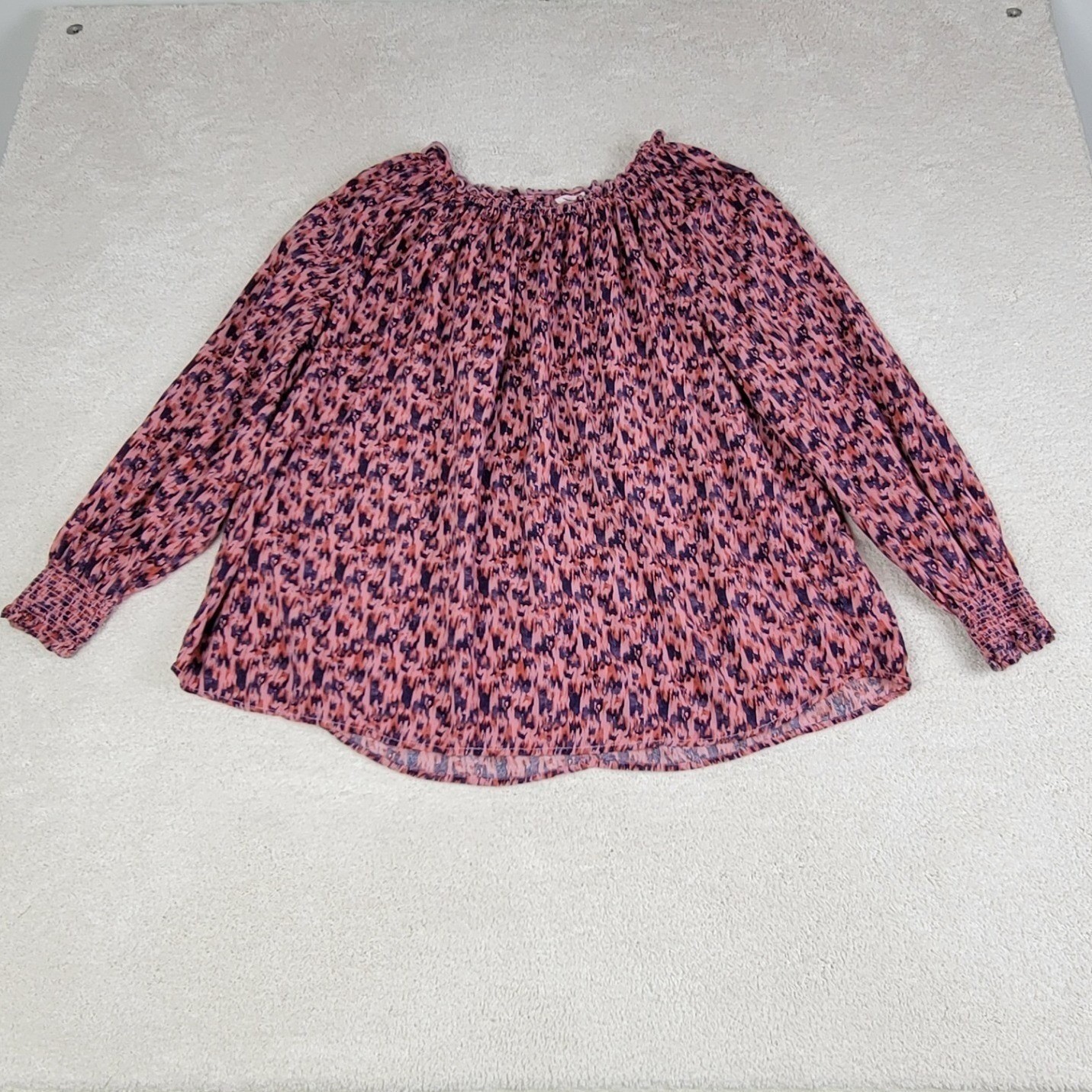 Beach Lunch Lounge Blouse Women Large Pink Ikat Print Smocked Cuff Top