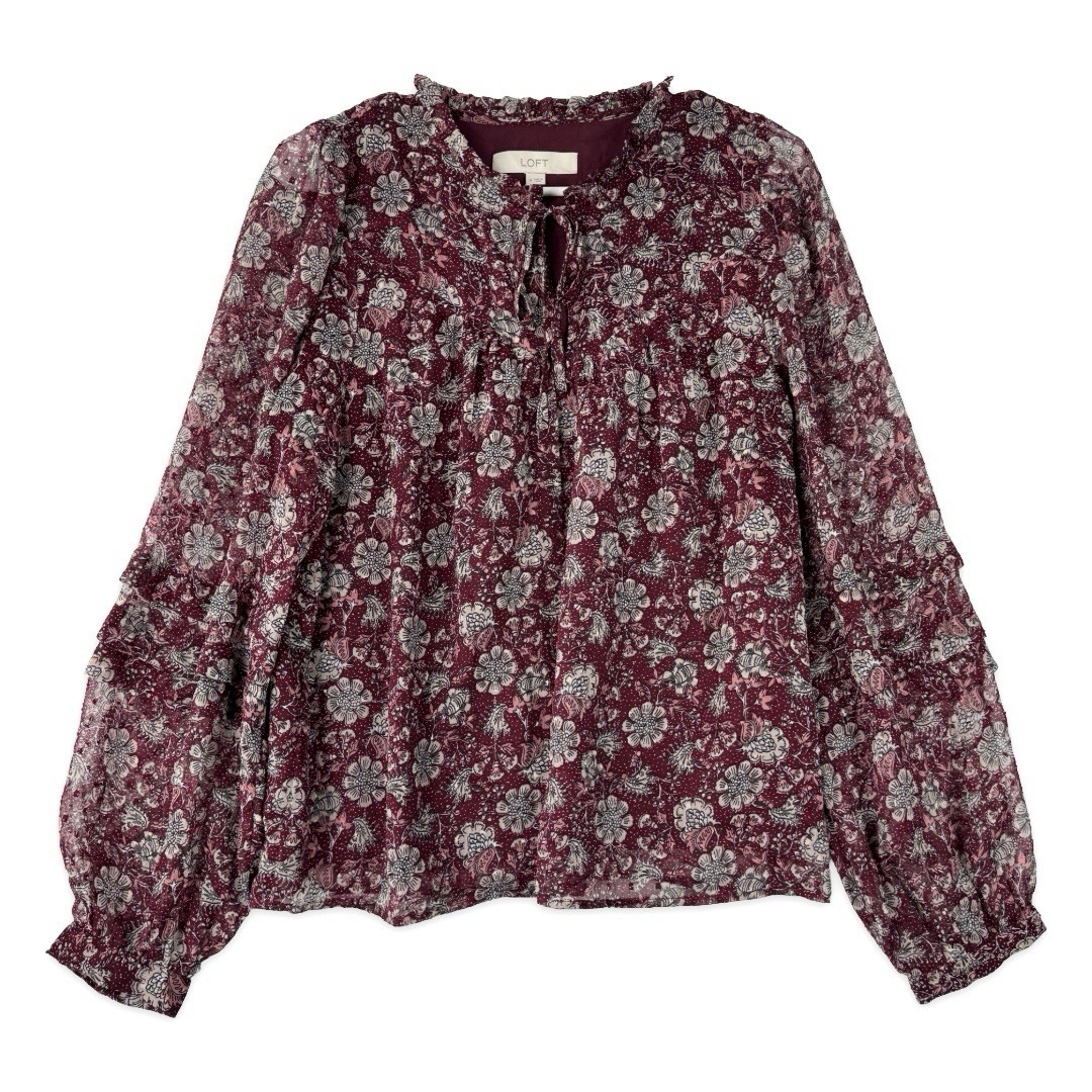 LOFT Chiffon Blouse Top Womens M Medium Sheer Long Sleeves Lined Ruffle Neck