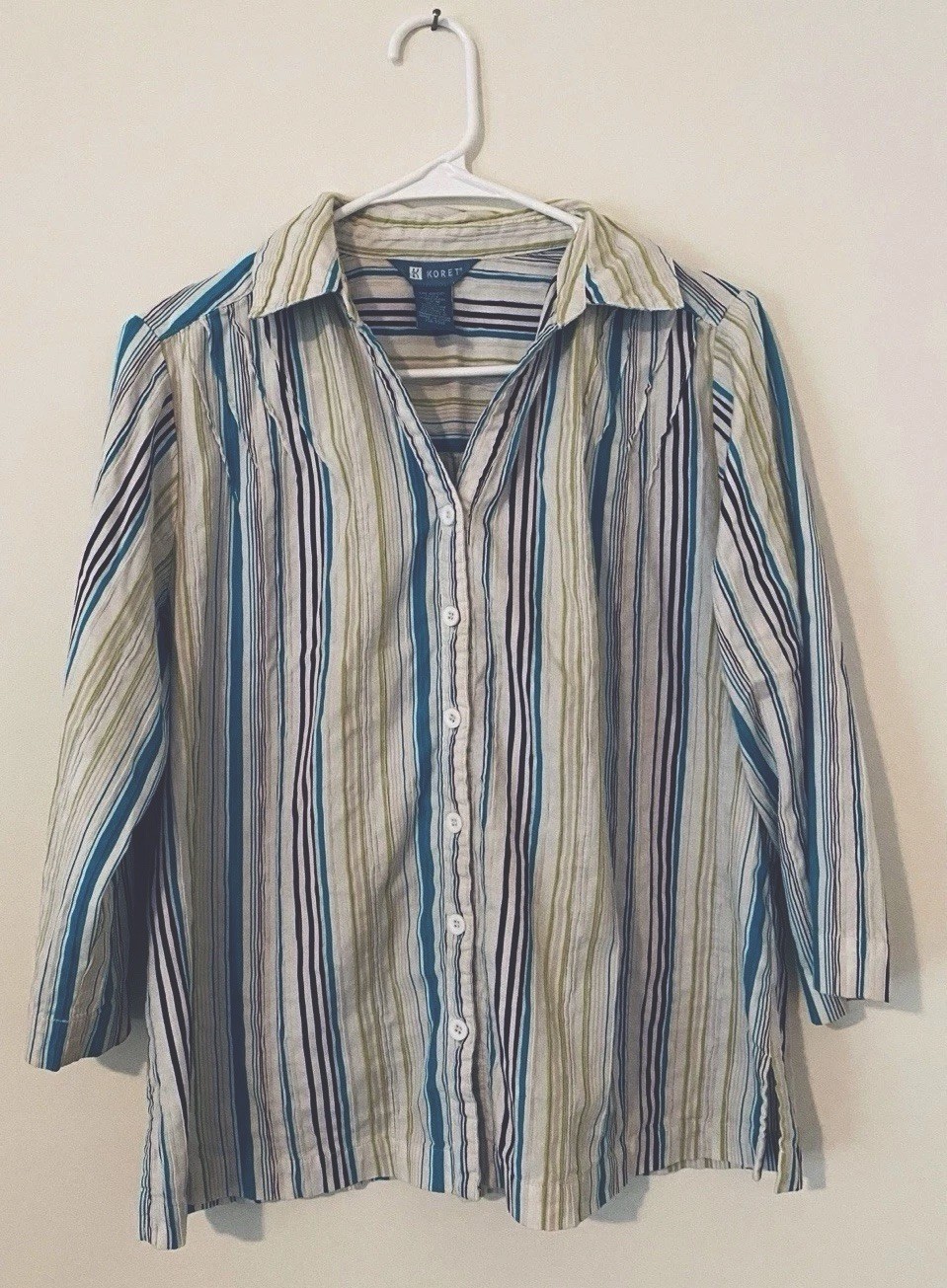 Koret Women’s Medium Shirt Blue Green Stripe Button Front 3/4 Sleeve Cotton Bld