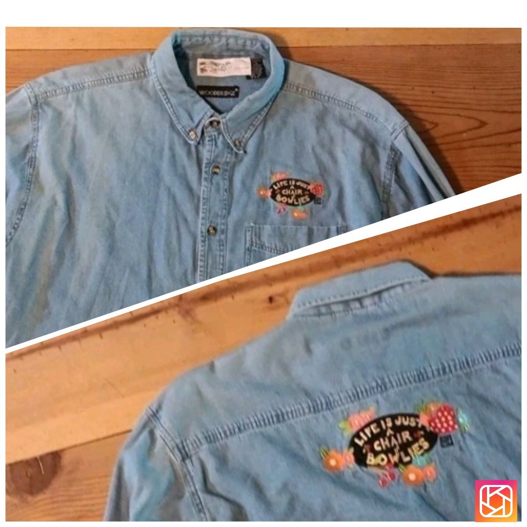 Vtg Mary Engelbreit Denim Shirt Women XL Button Down Life Just Chair Of Bowlies