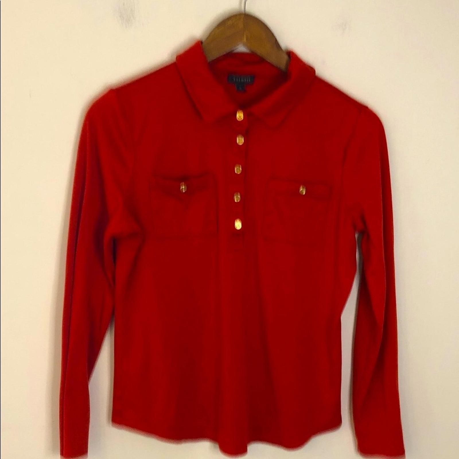 Talbots Scarlet red top long sleeve collar gold decorative buttons pockets SZ M