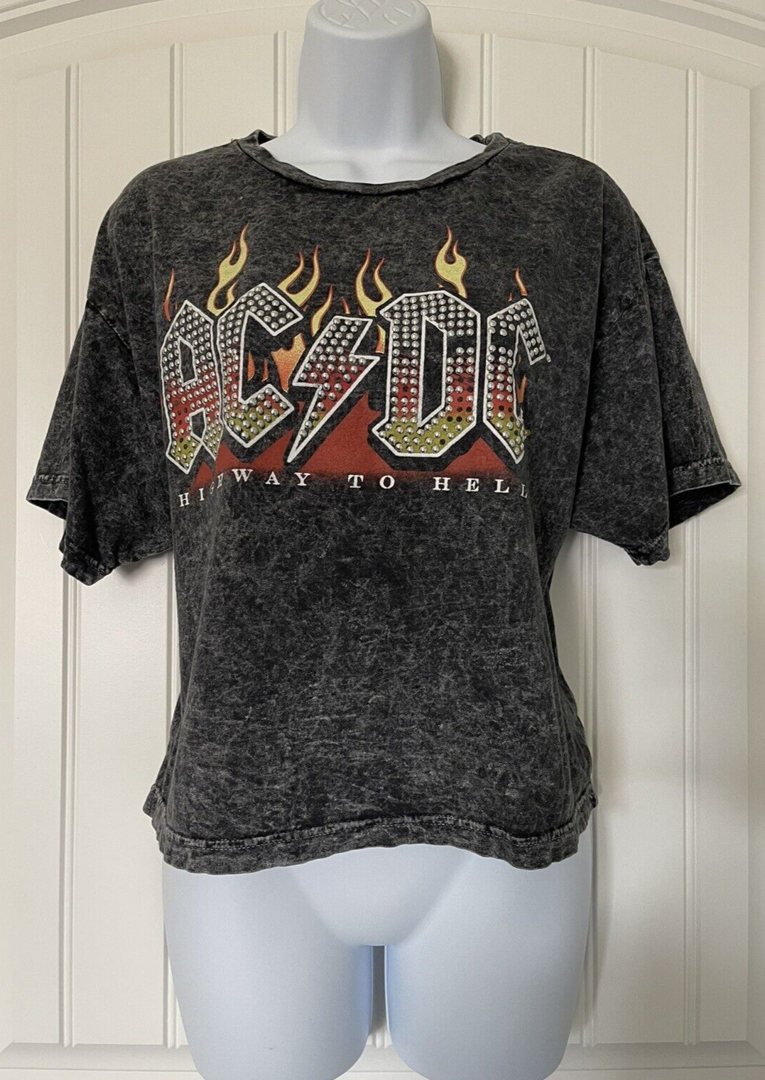 AC/DC Crop Top Shirt Womens Large Acid Bleach Wash Metallic Studs Flames Shirt