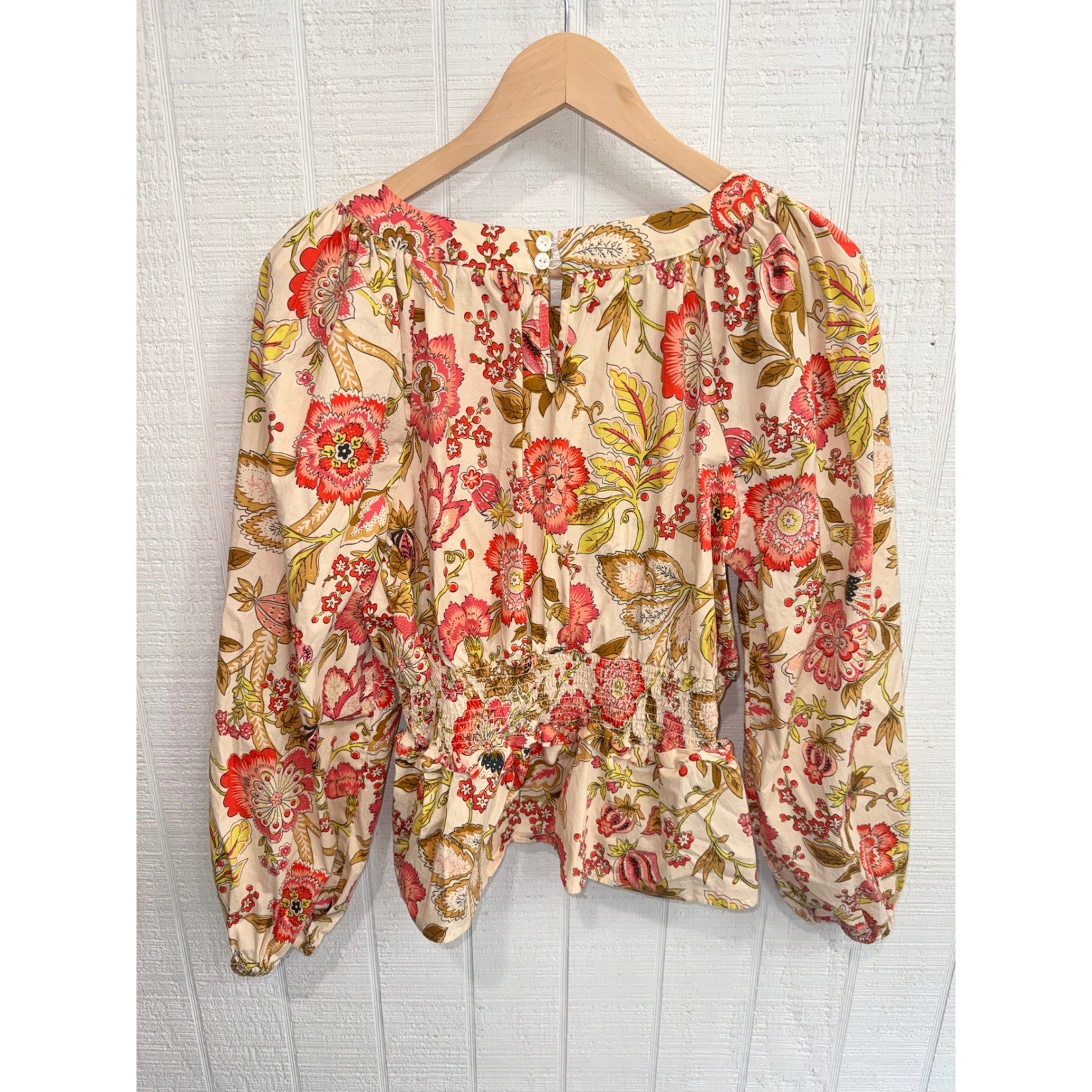 Spartina 449 Blouse Womens XL Pink Floral Smocked Waist Puff Sleeve Cotton Top