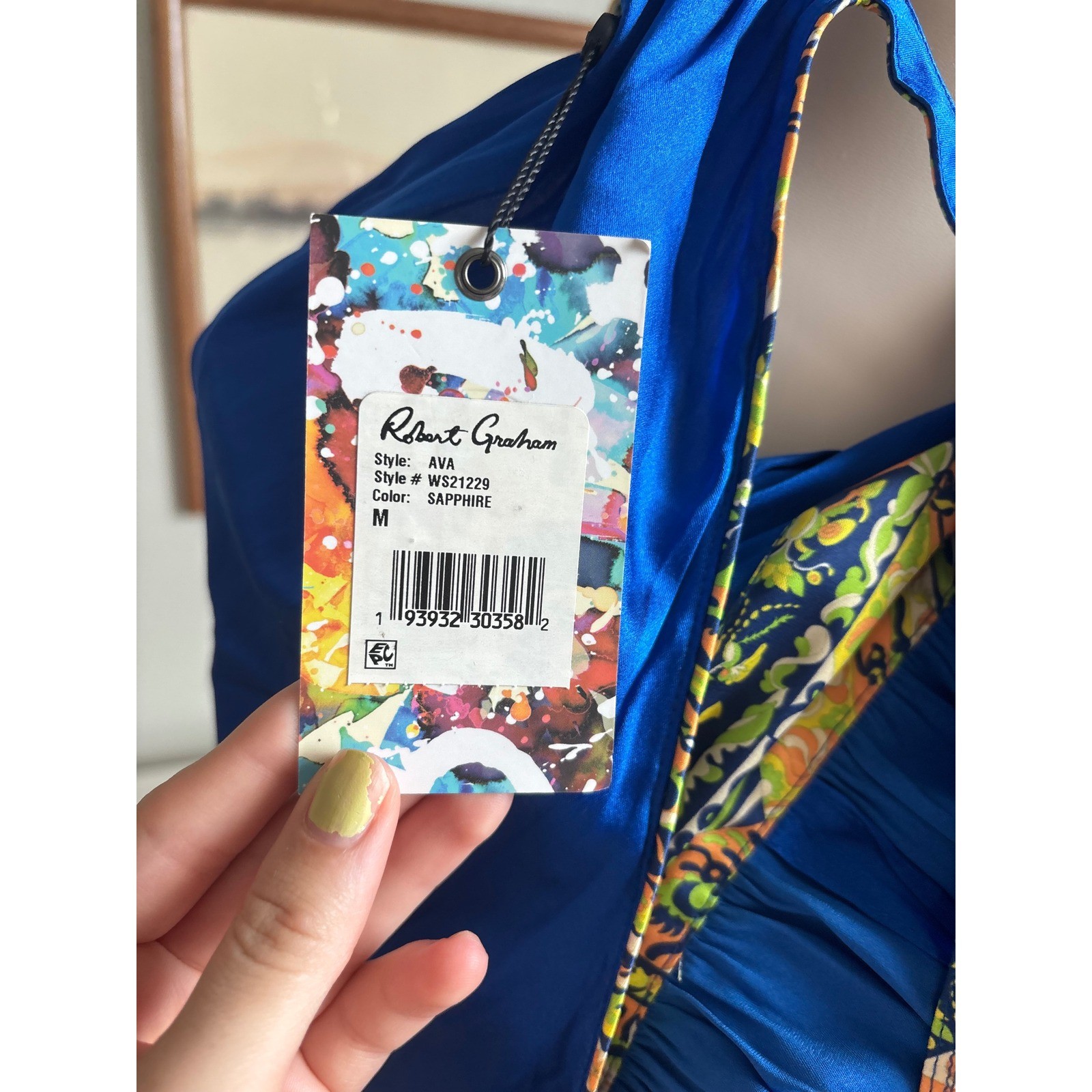 Robert Graham Ava Silk Halter Top Sapphire Blue Paisley Trim Blouse WS21229 M