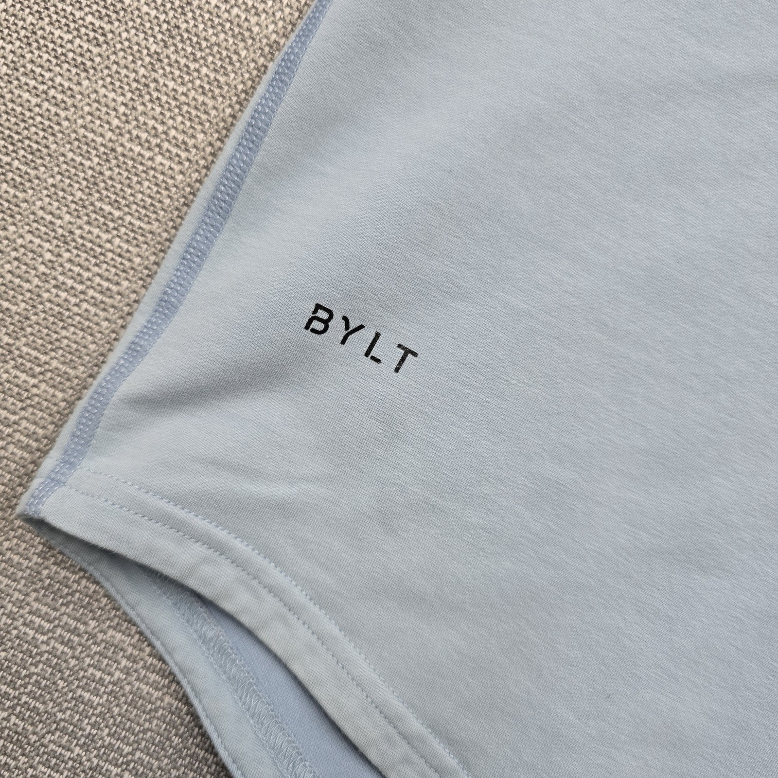 BYLT Shirt Womens Large Blue Tan Colorblock Crew Neck Short Sleeve Curved Hem