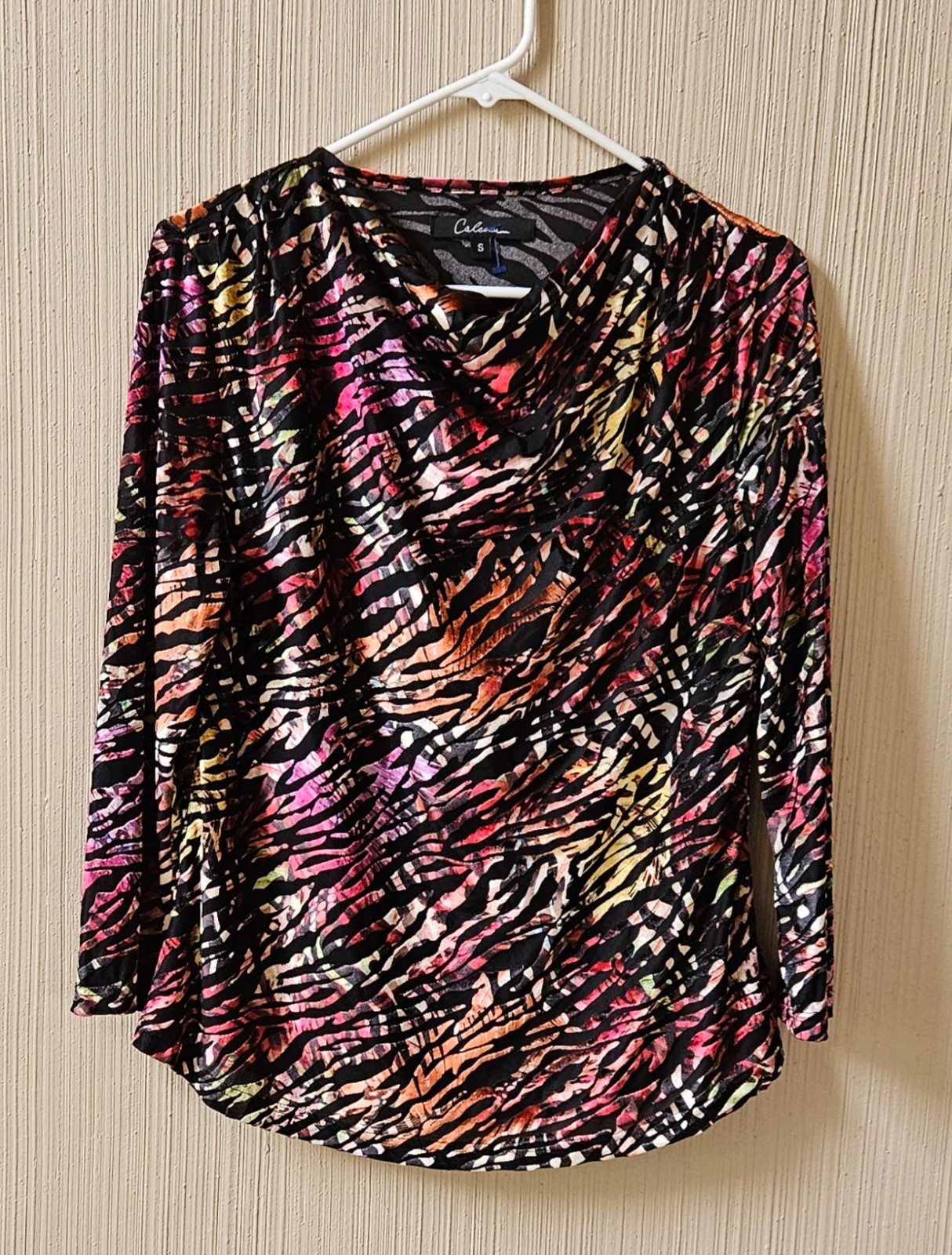 CALESSA Colorful Burnout Small Tunic Top BOHO Artsy Drape Neck Stretch – EXC