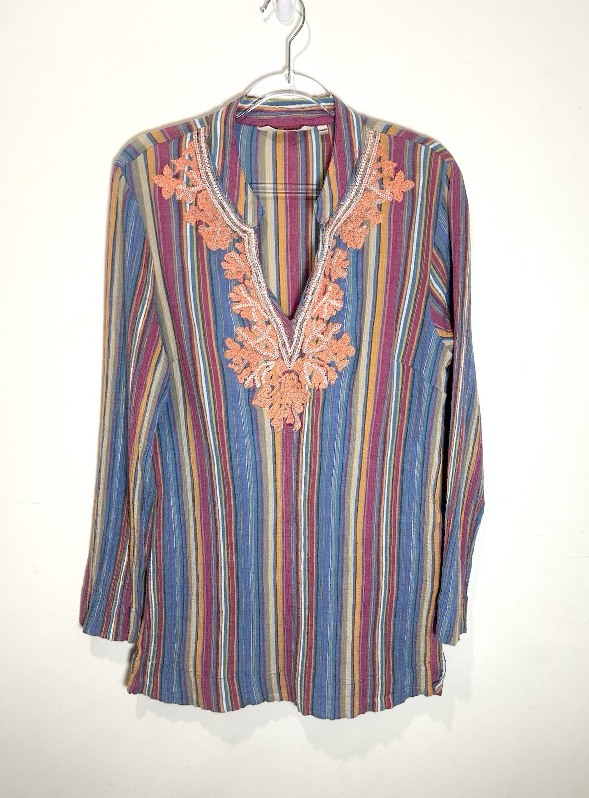 Soft Surroundings Tunic Top Embroidered Beaded Gauzy 100% Cotton Striped Gypsy L