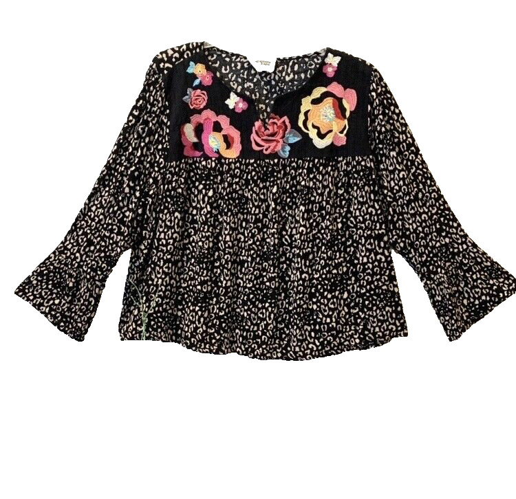 SAVANNA JANE EMBROIDERED BOHO BABYDOLL TOP CRINKLE FLORAL LEOPARD COQUETTE 2X/3X