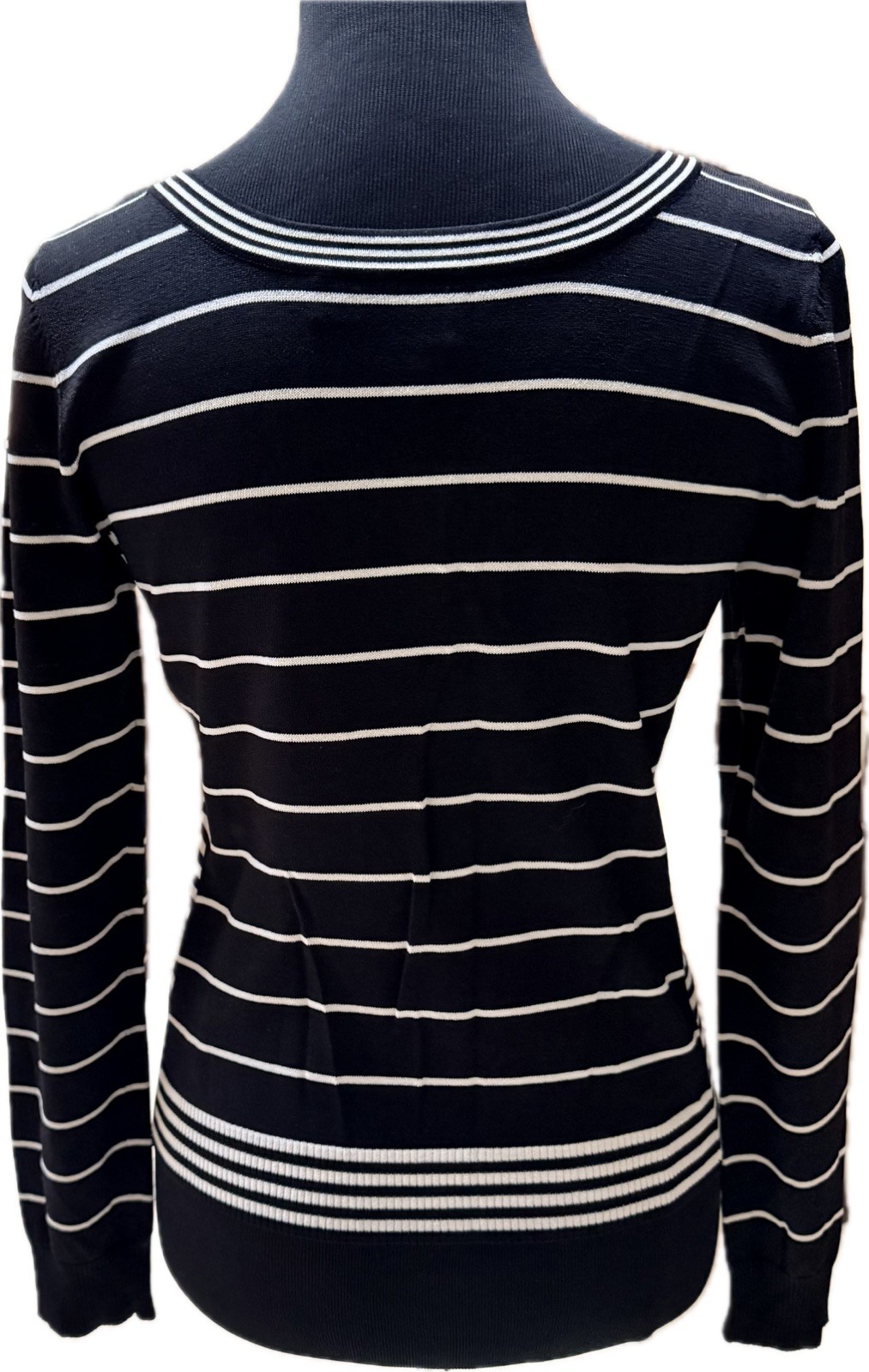 WORTH Black/White Striped Knit L/S Pullover Top Fabric Rosette Pin Sz M – EUC