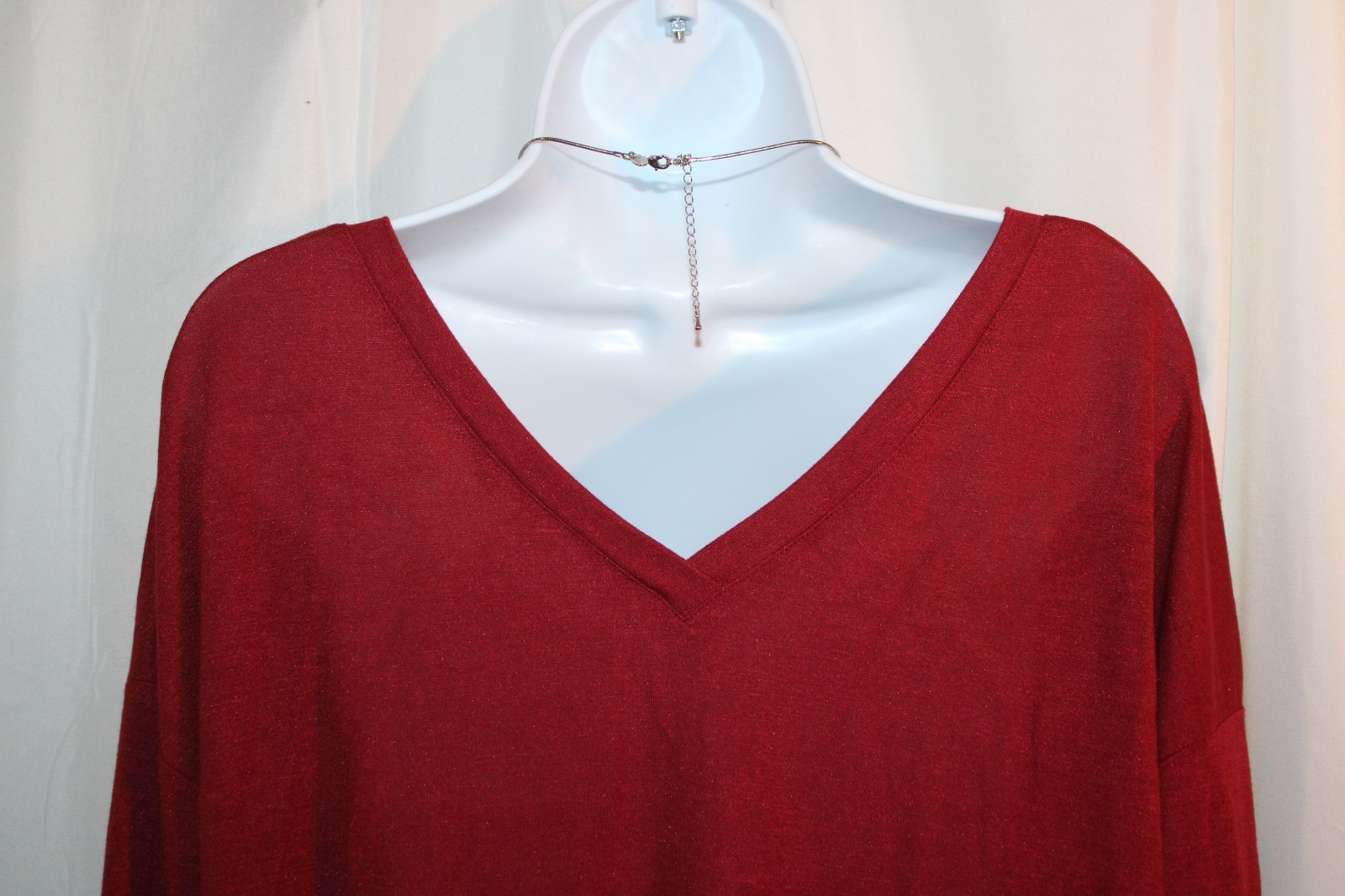 Metallic Deep Red Long Sleeve Ruche Front V-Neck Stretch Blouse – Size L