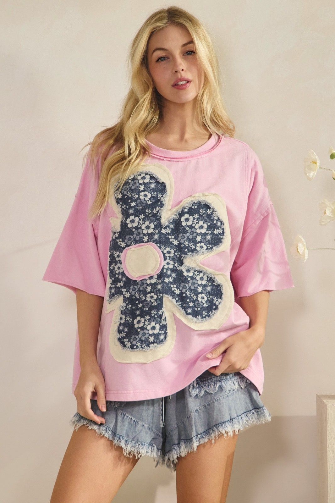 Sage+Fig Floral Patchwork Denim Oversized Washed Tee Top Women’s in Pink