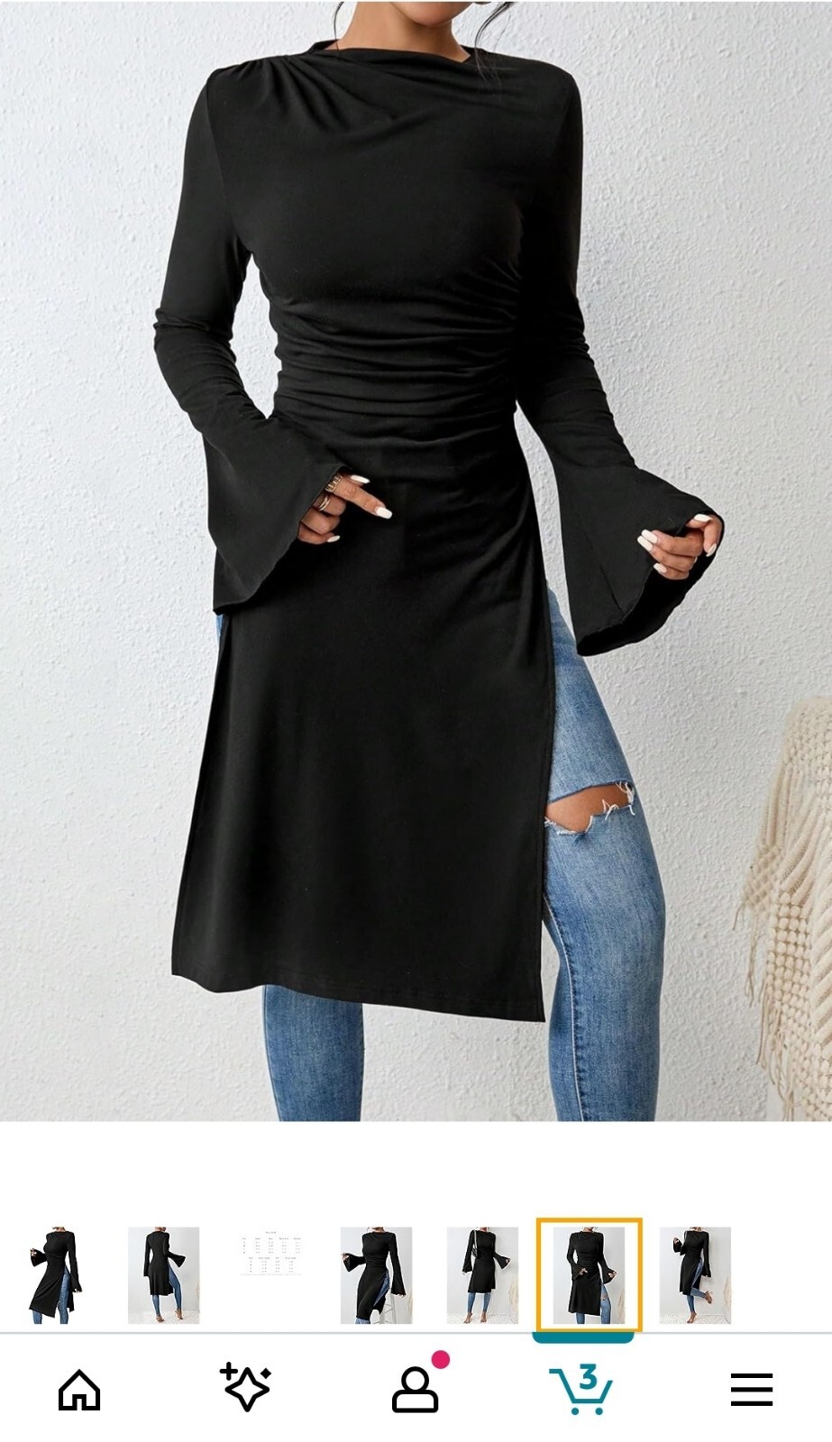 Women’s Black Drawstring Side Style Flounce Long Sleeve Split Thigh Shirt Top L