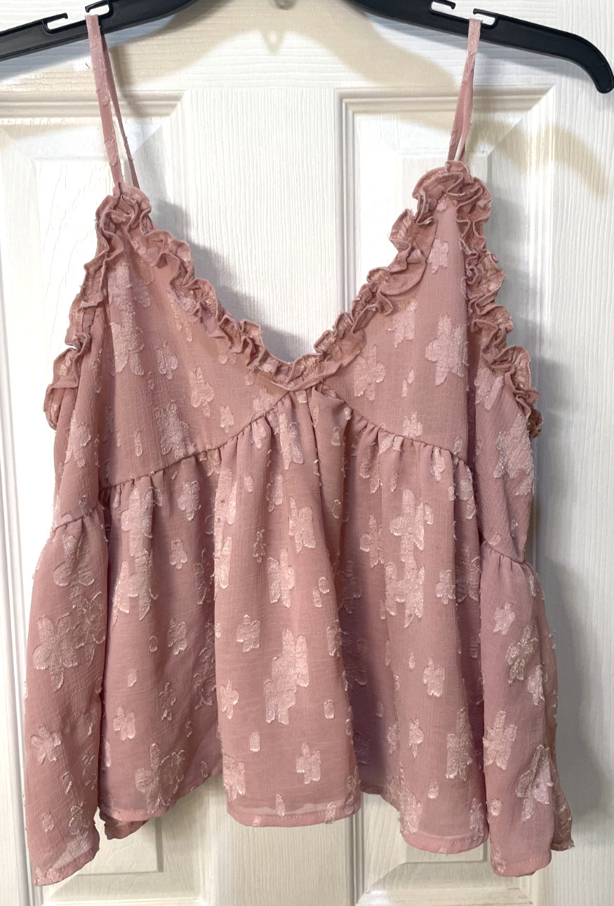 Rue 21 tank top size L pink ruffles adjustable straps v neck lined