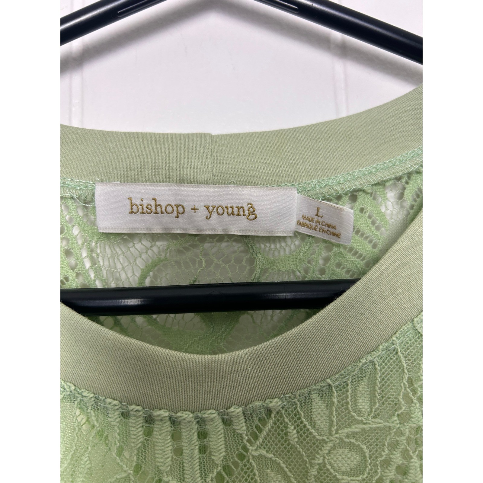 Anthropologie Bishop + Young Sheer Genius lace crop fringe tee green L romantic