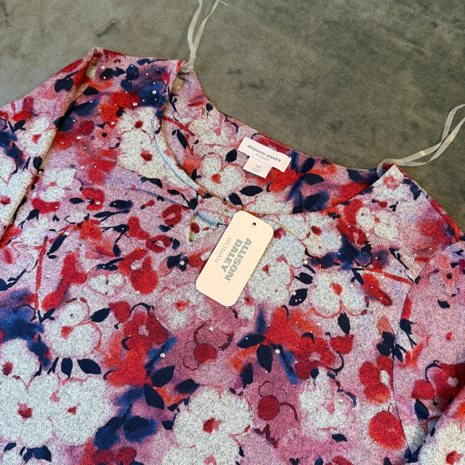 Allison Daley Woman Blouse Womens 3X Large Pink Floral Rhinestone Tunic NWT