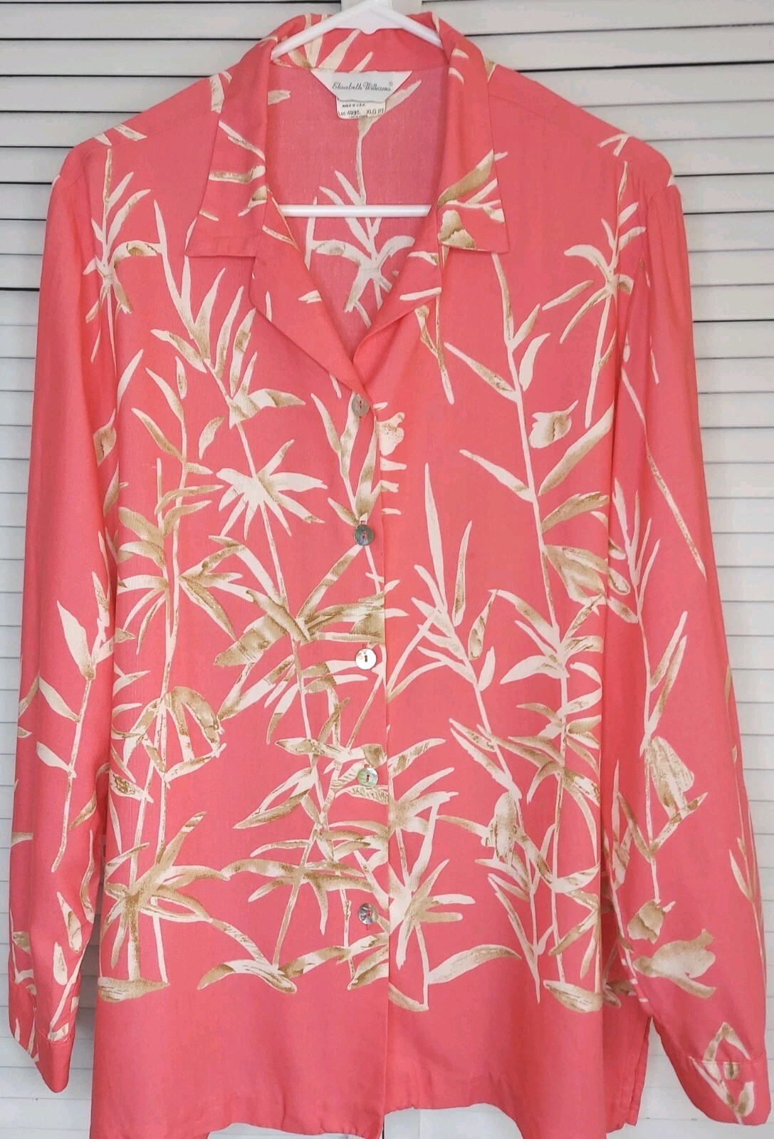 Elizabeth Williams Tropical Coral Tunic Blouse Shirt w MOP Buttons Womens XLP