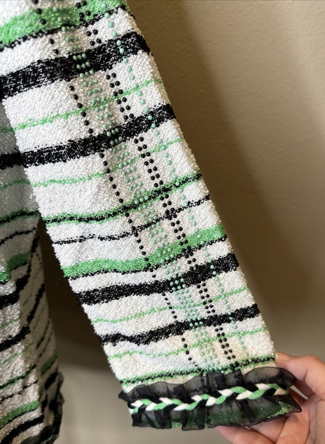 Ming Wang Jacket Womens Sz S Black Green White Plaid Boucle Embellished Braid