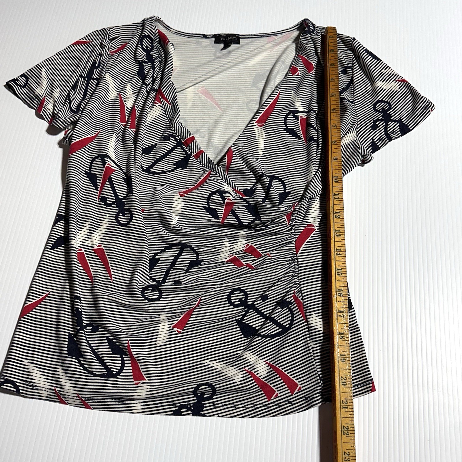 Talbots Women’s Faux Wrap Top Nautical Anchor Stripe Short Sleeve Size L Large