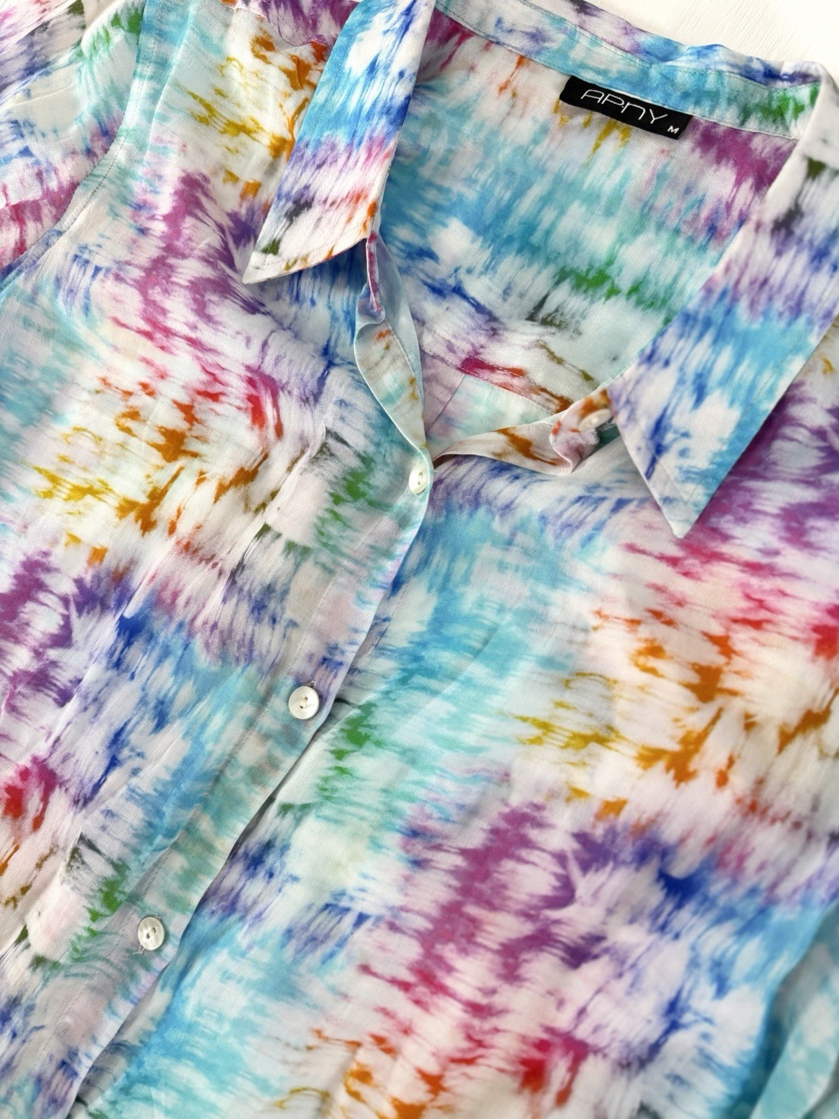 APNY Button-up W/ Roll-up Sleeve Shirt Women’s Size M Rainbow Tie Dye Top Blouse