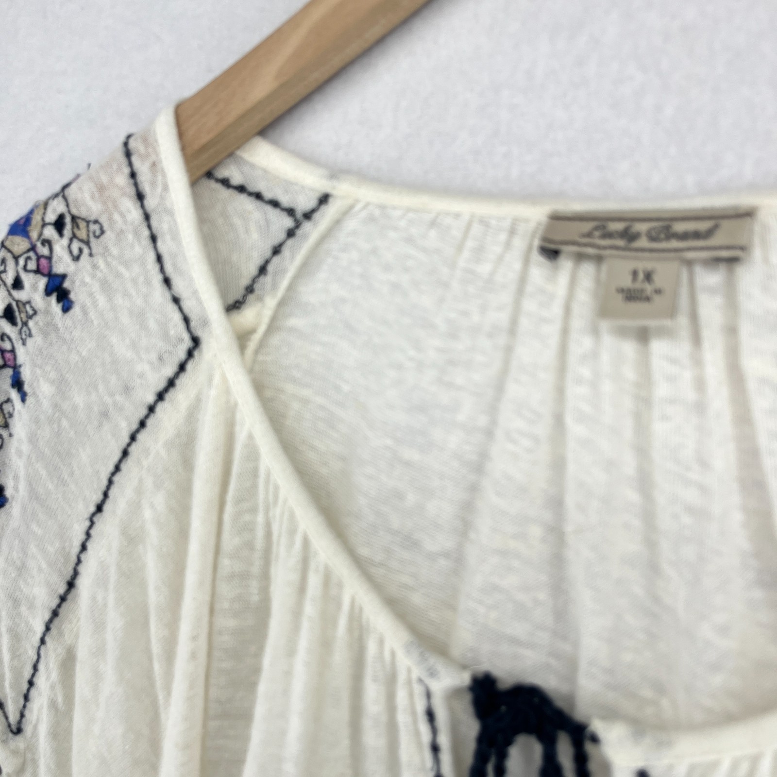LUCKY BRAND Top 1X Plus Boho Peasant Tunic Tassel Tie Slub Linen Blend Off White