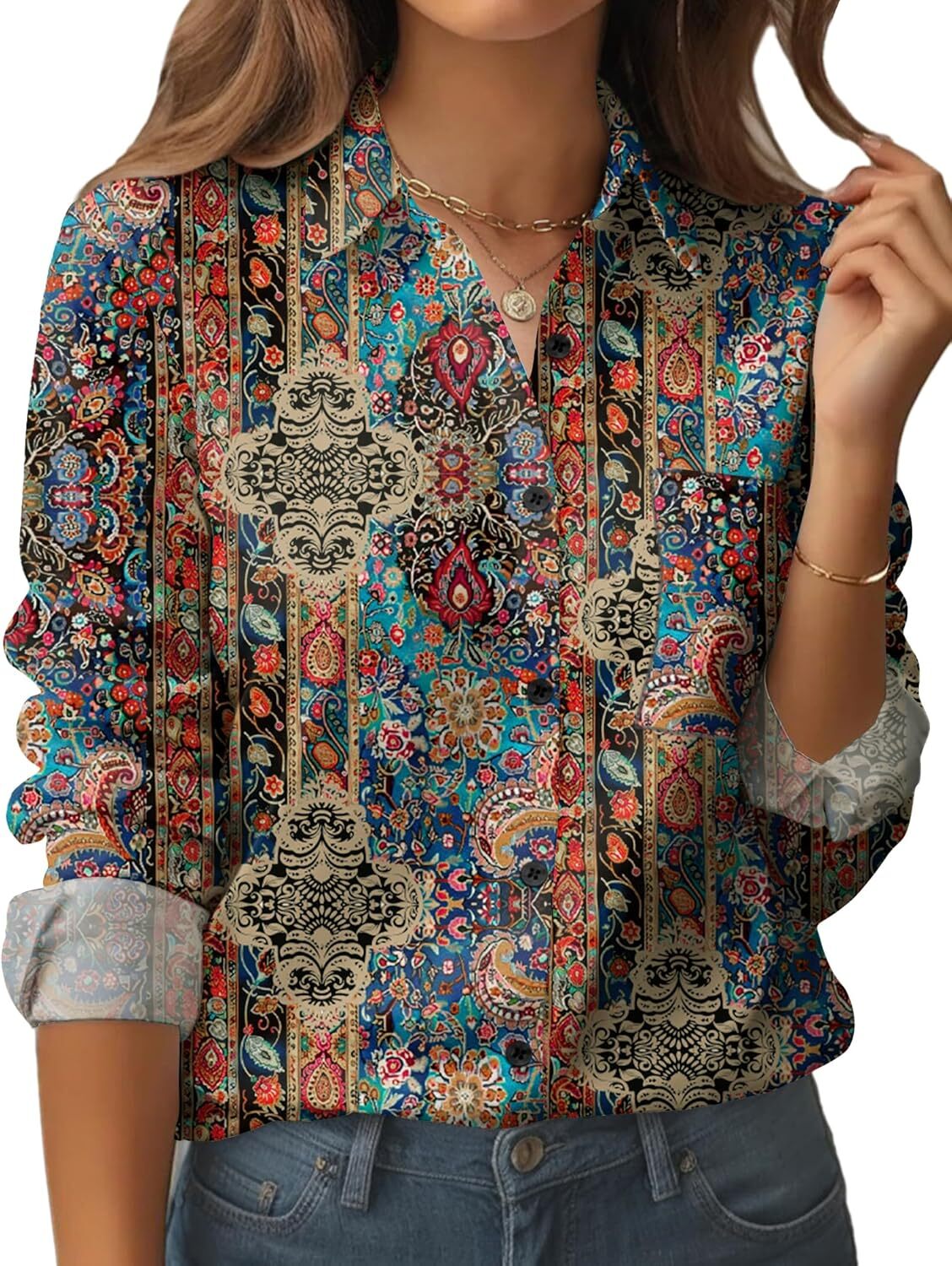 Womens Long Sleeve Floral Button Down Blouse Work Casual Shirt with Pocket