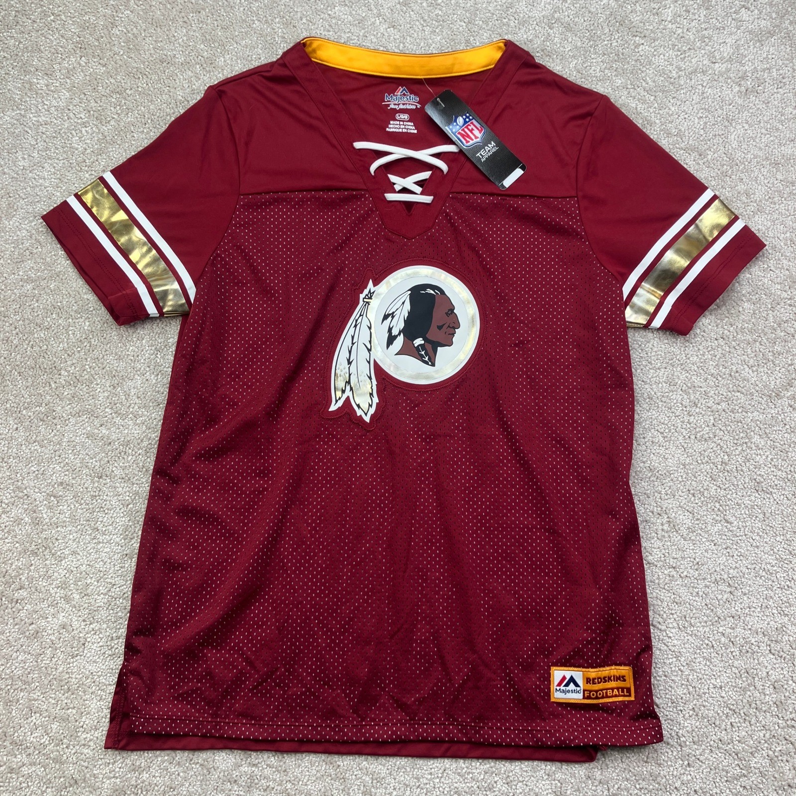 NEW Majestic Women Large Jersey Burgundy Washington Redskins Lace Up V-Neck Mesh