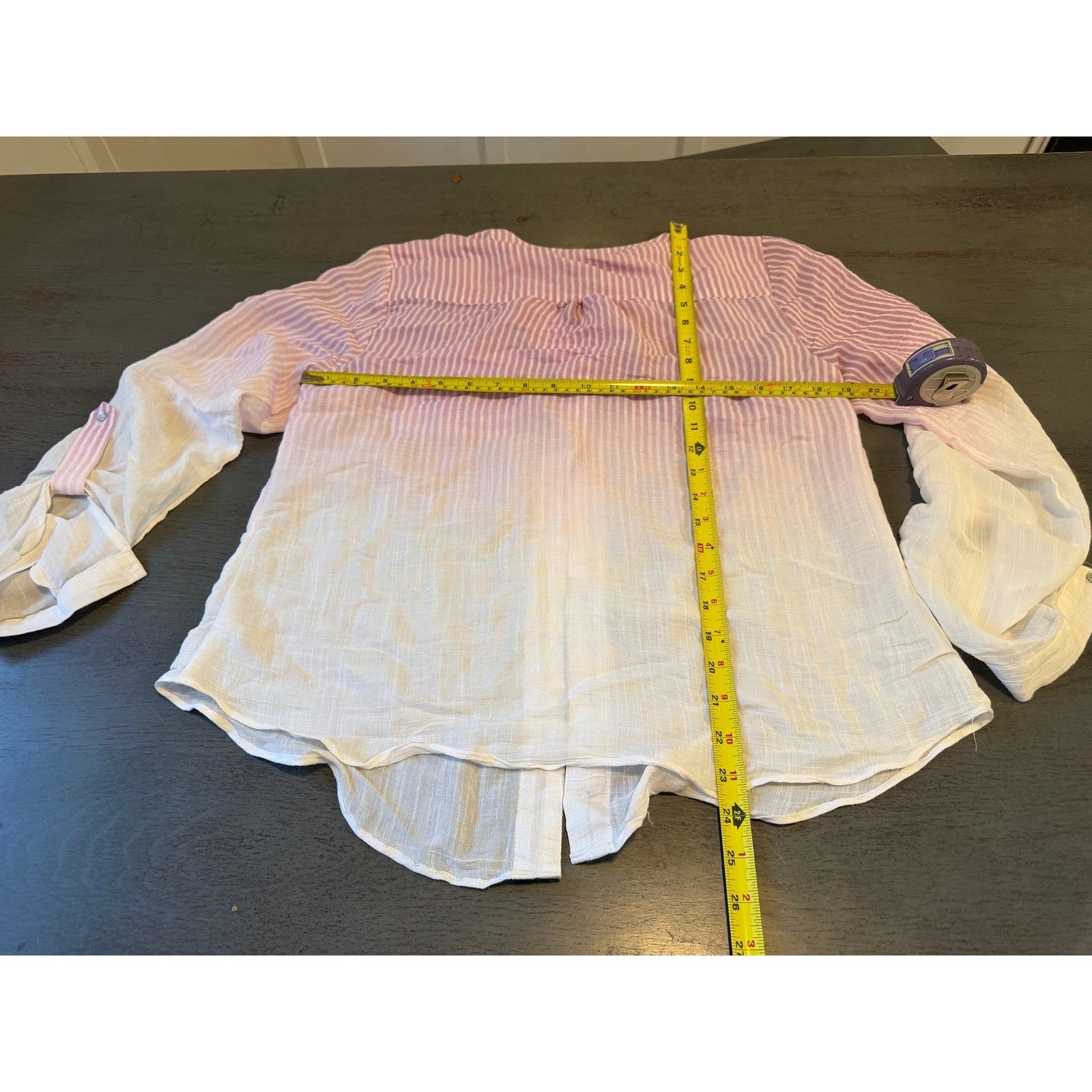 New Directions Pink White Striped Ombre Gauze Button Up Blouse Top Womens Medium