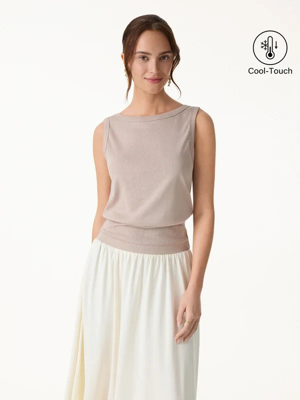 Women’s Cotton Linen Boat Neck Reversible Low Back Blouse Top, Beige, Freeship