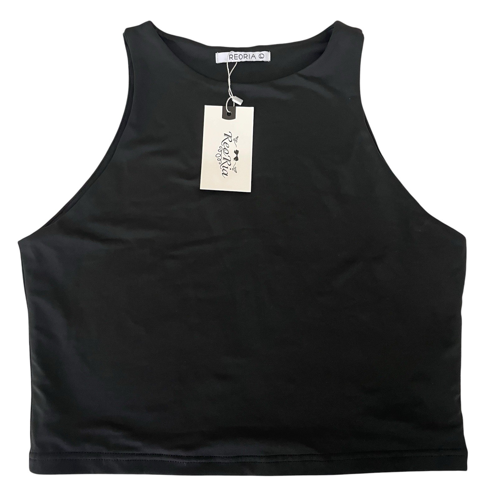 REORIA Women High Neck Double Lined Crop Tank Top Large L Black NWT High Cut