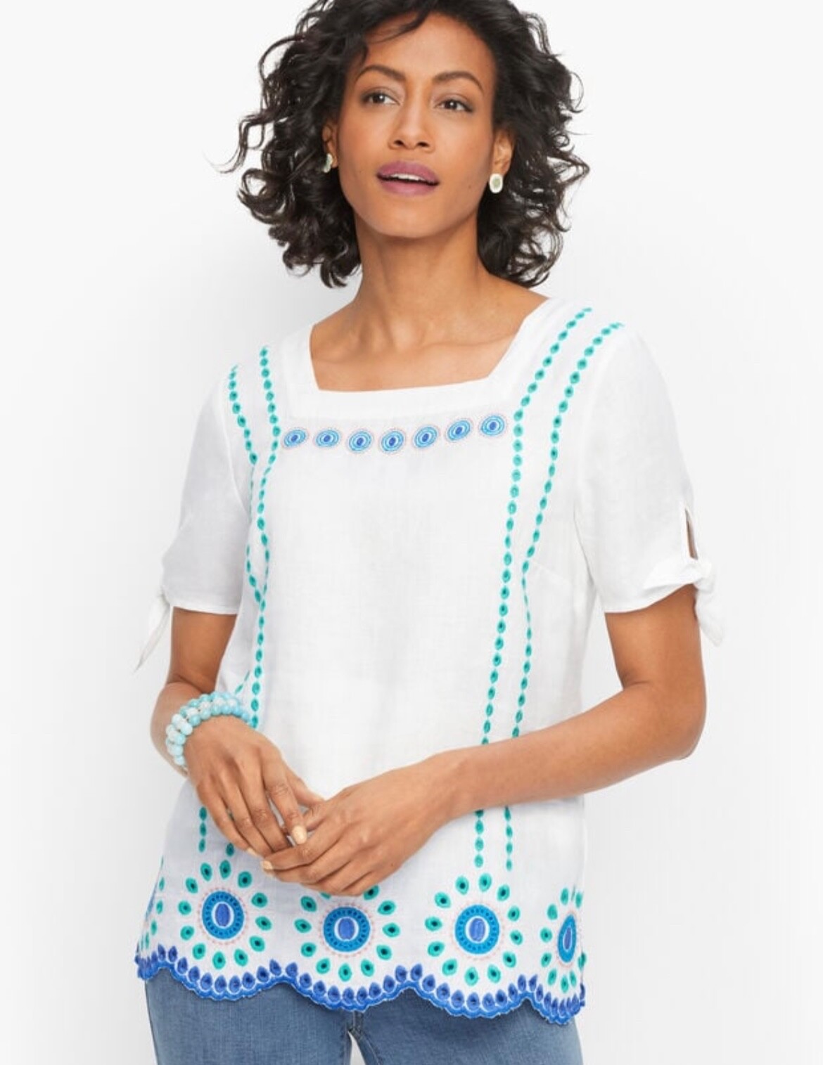 Talbots Women XS White Multicolor Linen Cotton Embroidered Square Neck Top NWOT