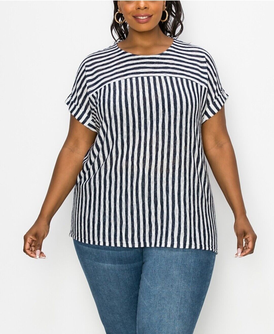 COIN 1804 Women’s Stripe Yoke Dolman Top White-Navy Short Sleeve Plus Size 3X