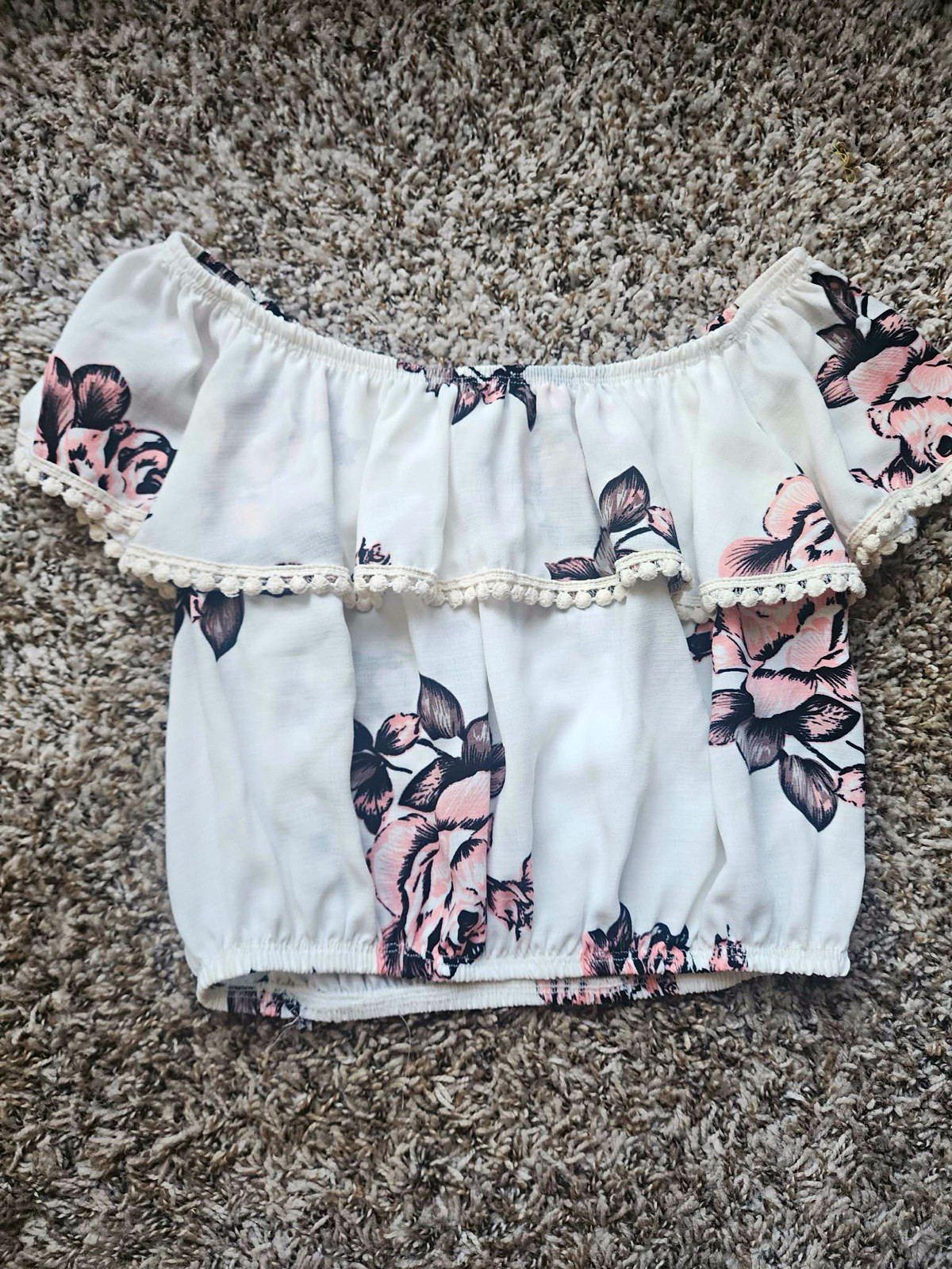 Vince Women’s White/Pink Floral Off Shoulder Ruffle Woven Crop Blouse Size S