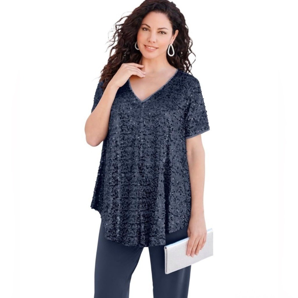 (A4) Roaman’s Sequin Tunic Top Size 30W Plus Size Blue Sparkle Party Blouse Like