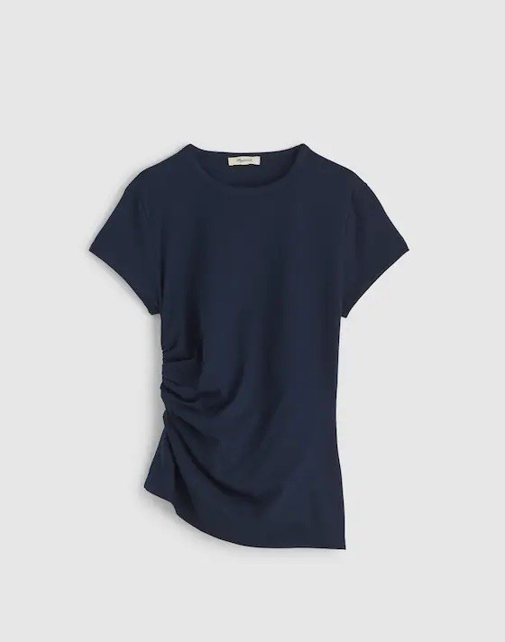Madewell Asymmetric Ruched Tee in Allday Jersey Small Blue Short Sleeve